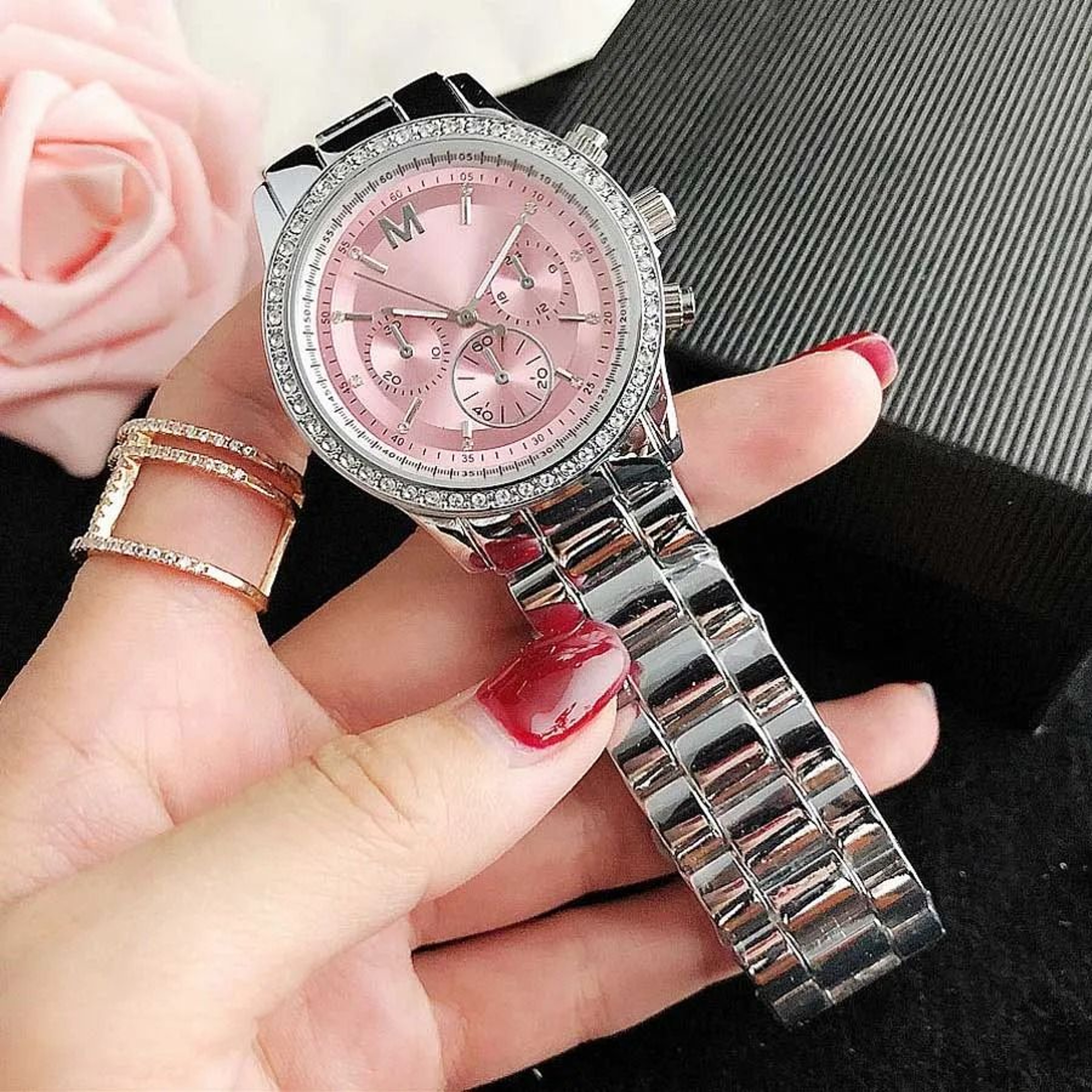 Diamond Crystal Women Quartz Watch With 3 Dial Steel Band 4