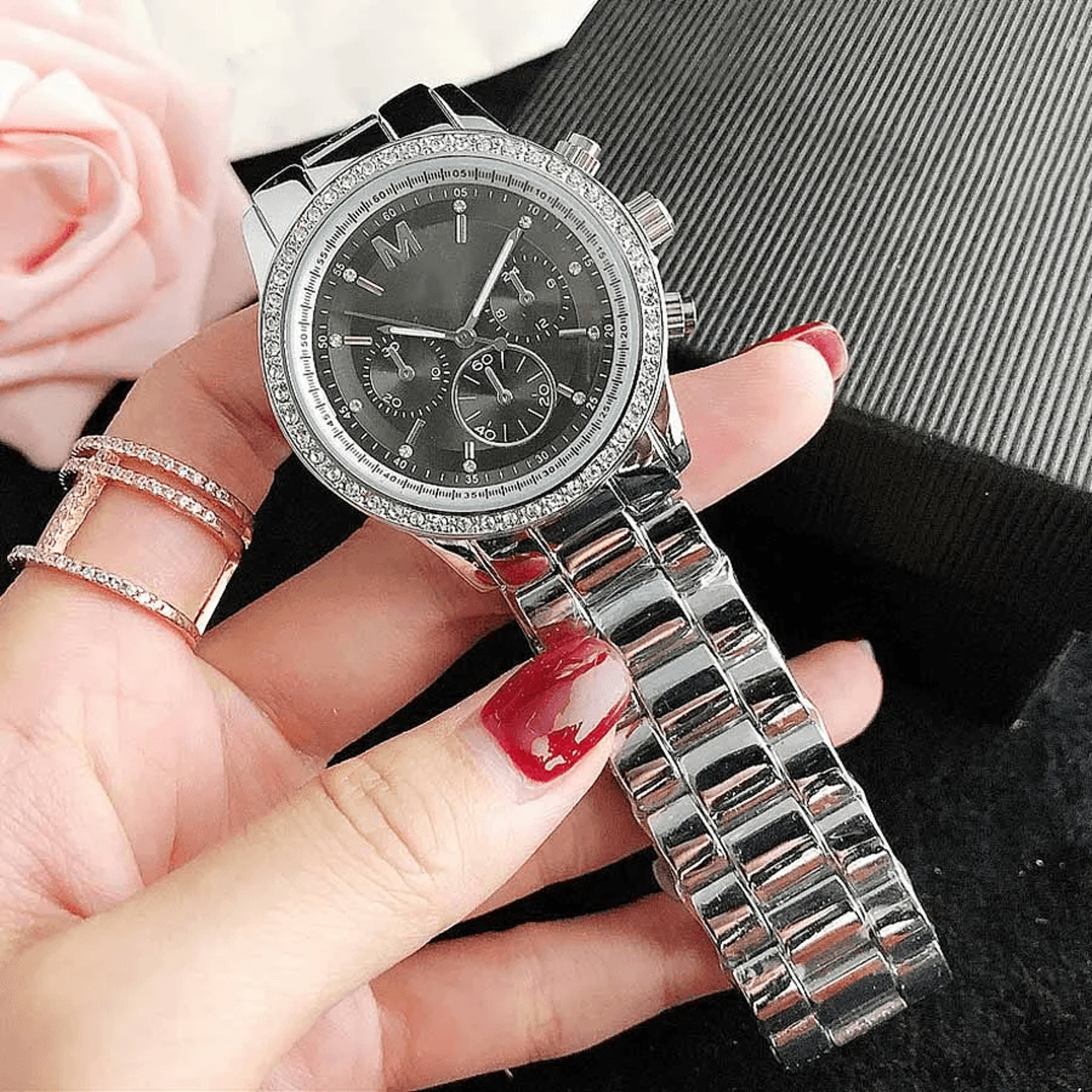 Diamond Crystal Women Quartz Watch With 3 Dial Steel Band 1
