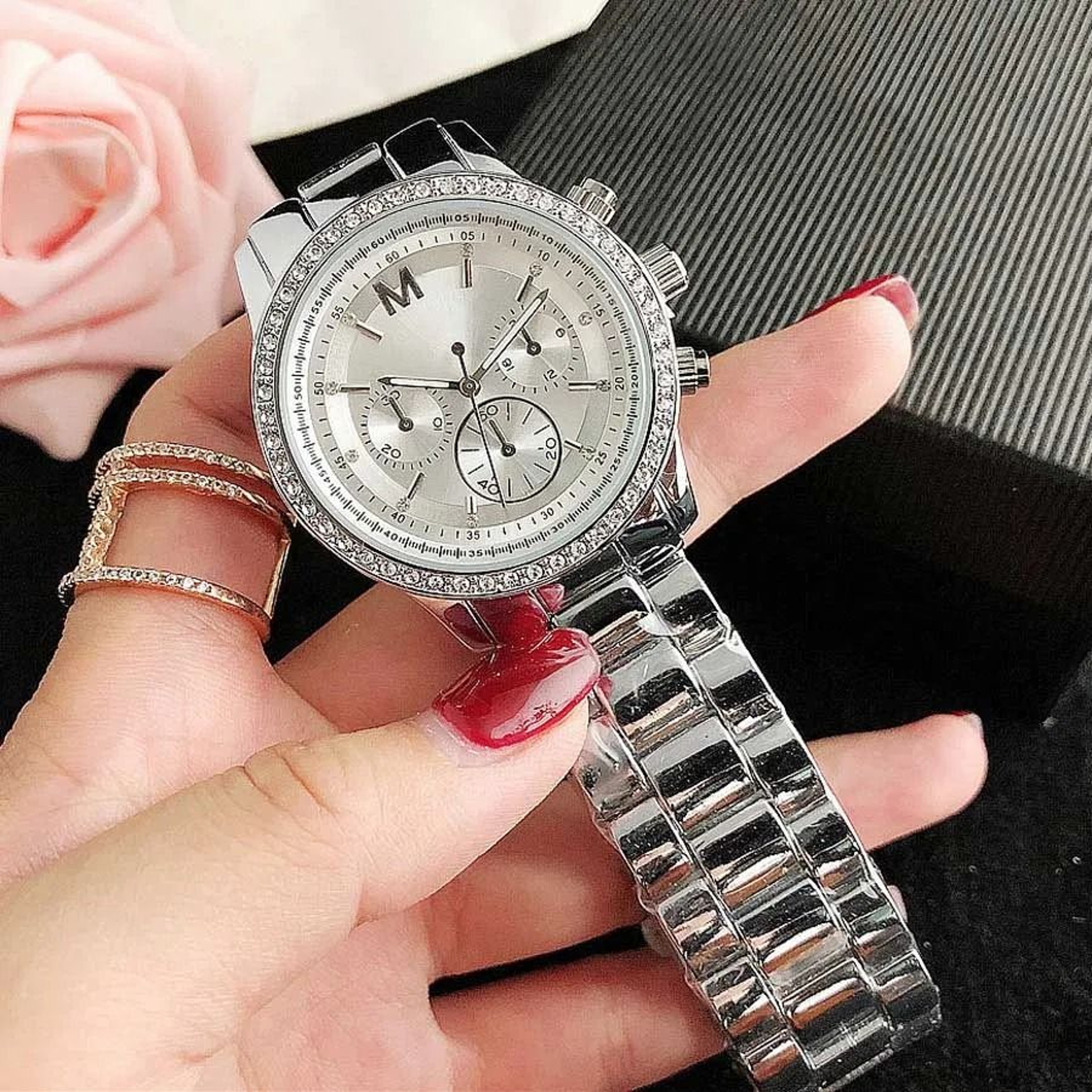Diamond Crystal Women Quartz Watch With 3 Dial Steel Band 3