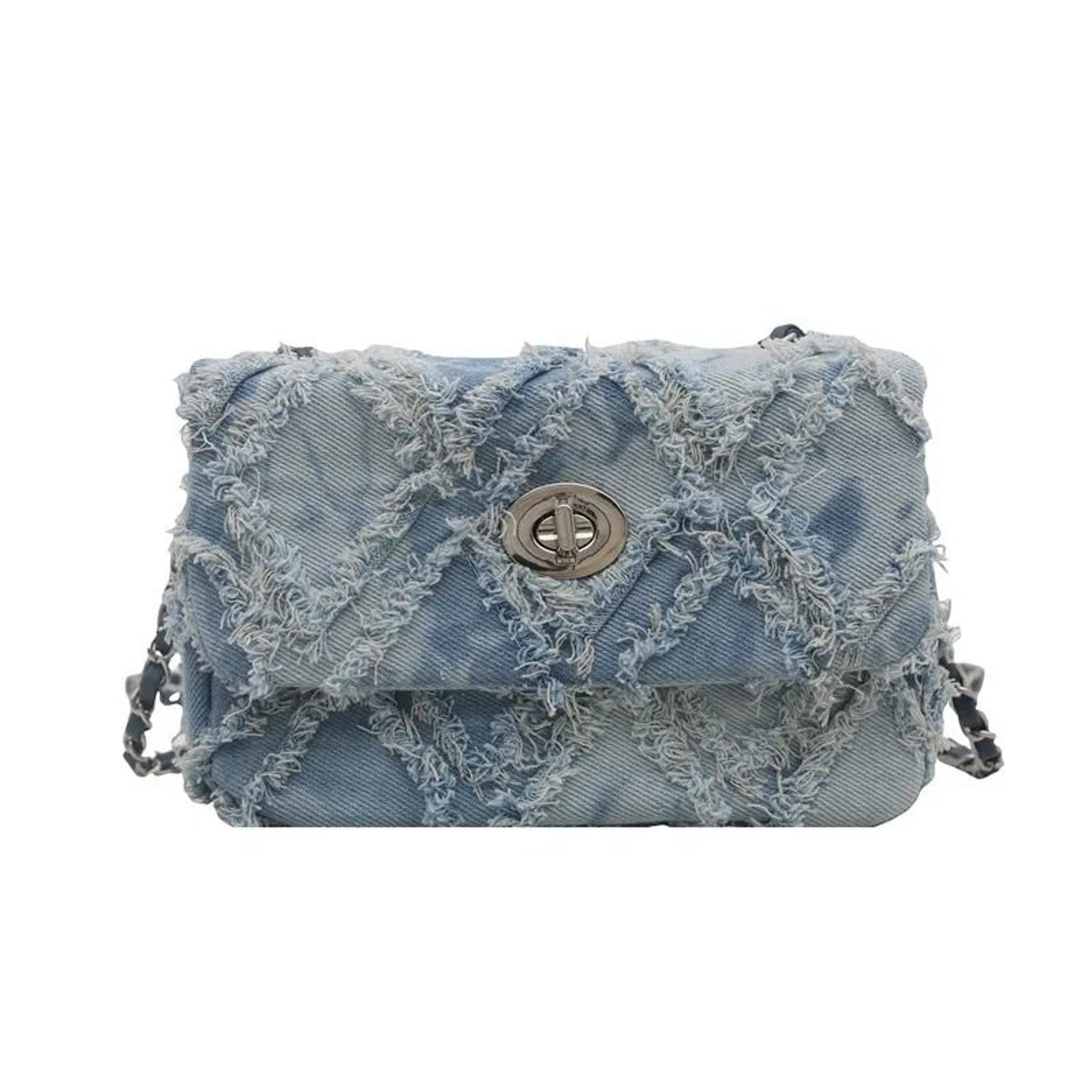 Womens Denim Quilted Handbag With Diamond Pattern Shoulder And Crossbody Design 1