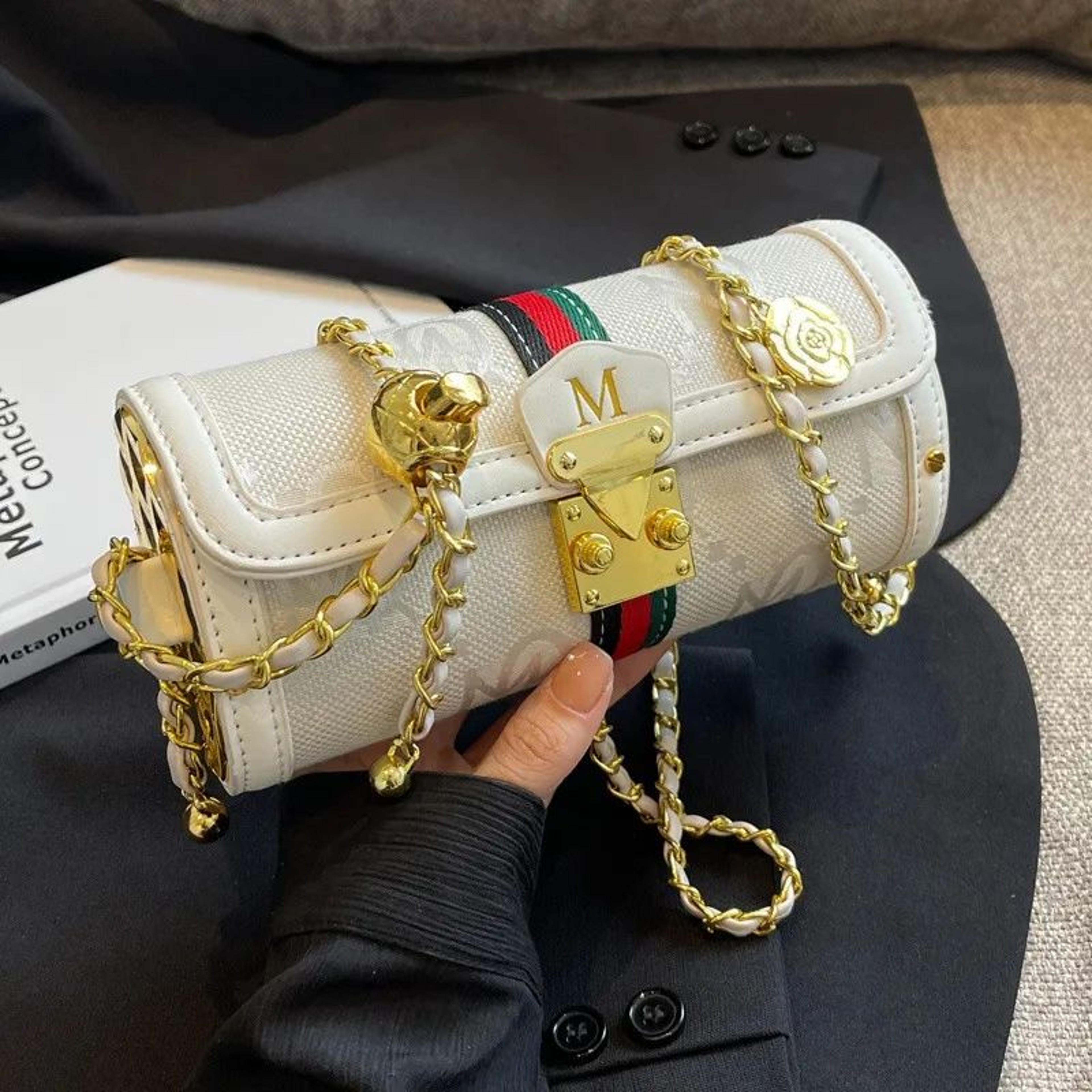 Monogram Cylinder Shoulder Bag For Women With Adjustable Gold Chain Strap 0