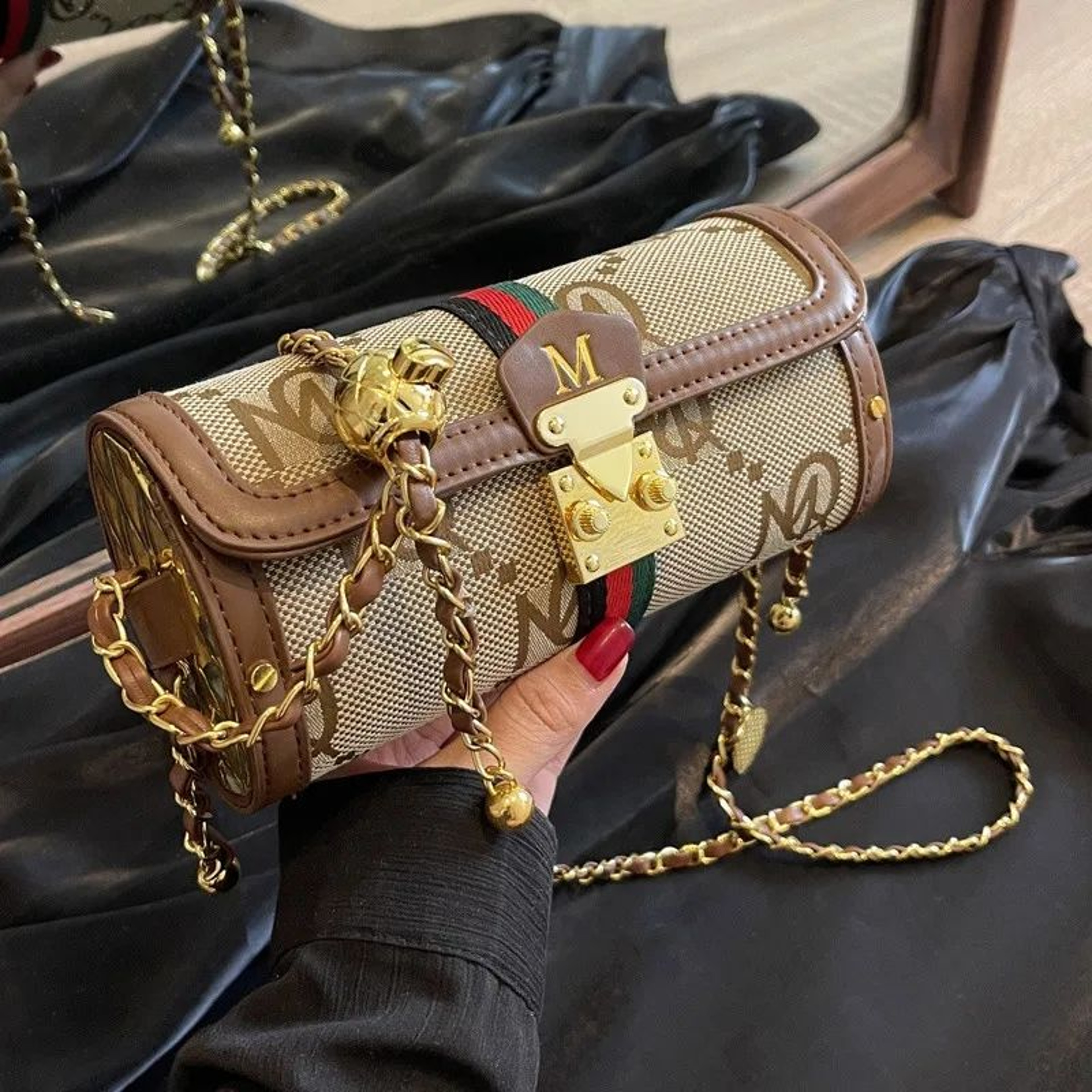 Monogram Cylinder Shoulder Bag For Women With Adjustable Gold Chain Strap 1