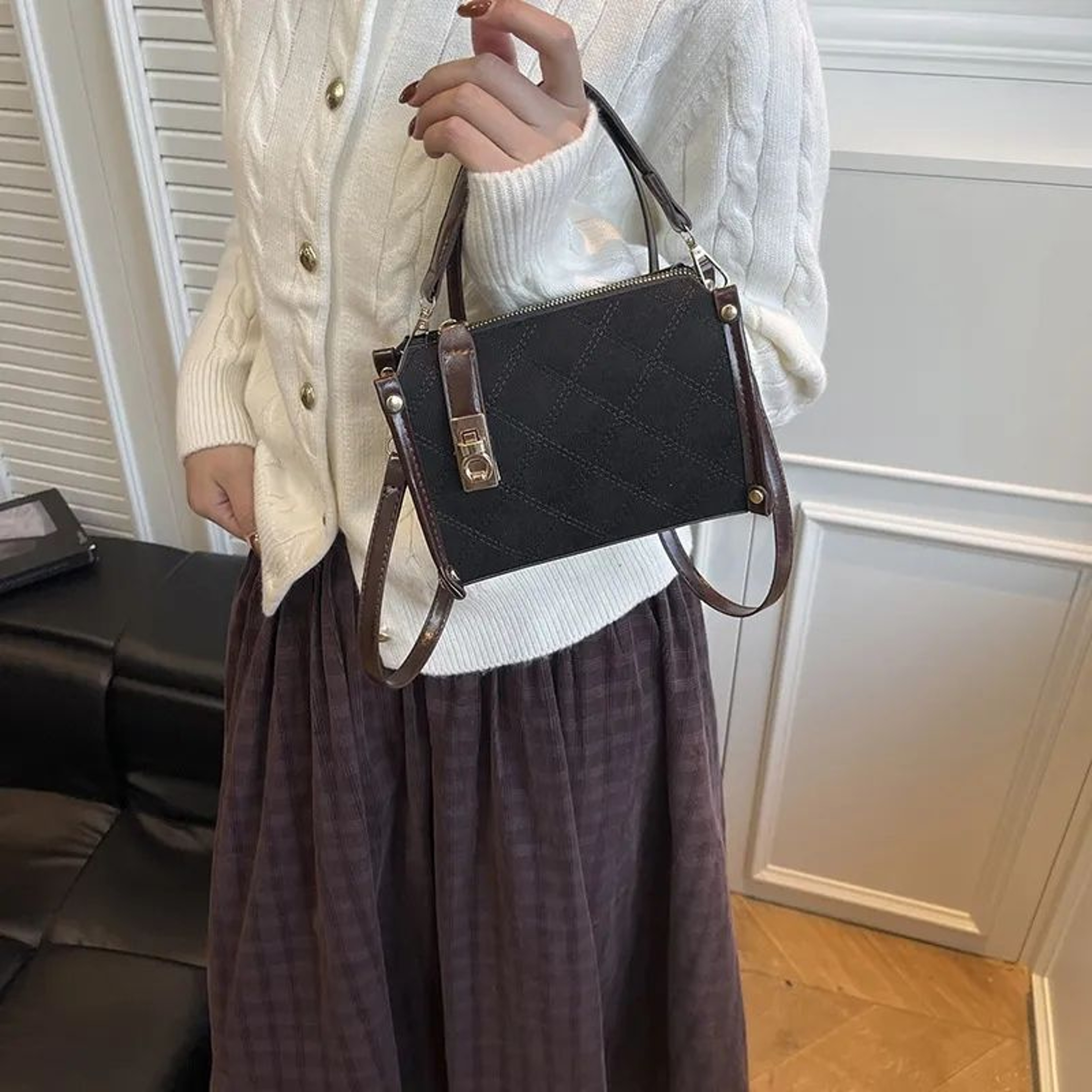 Diamond Quilted Shoulder Bag With Adjustable Strap Retro Crossbody Handbag 0