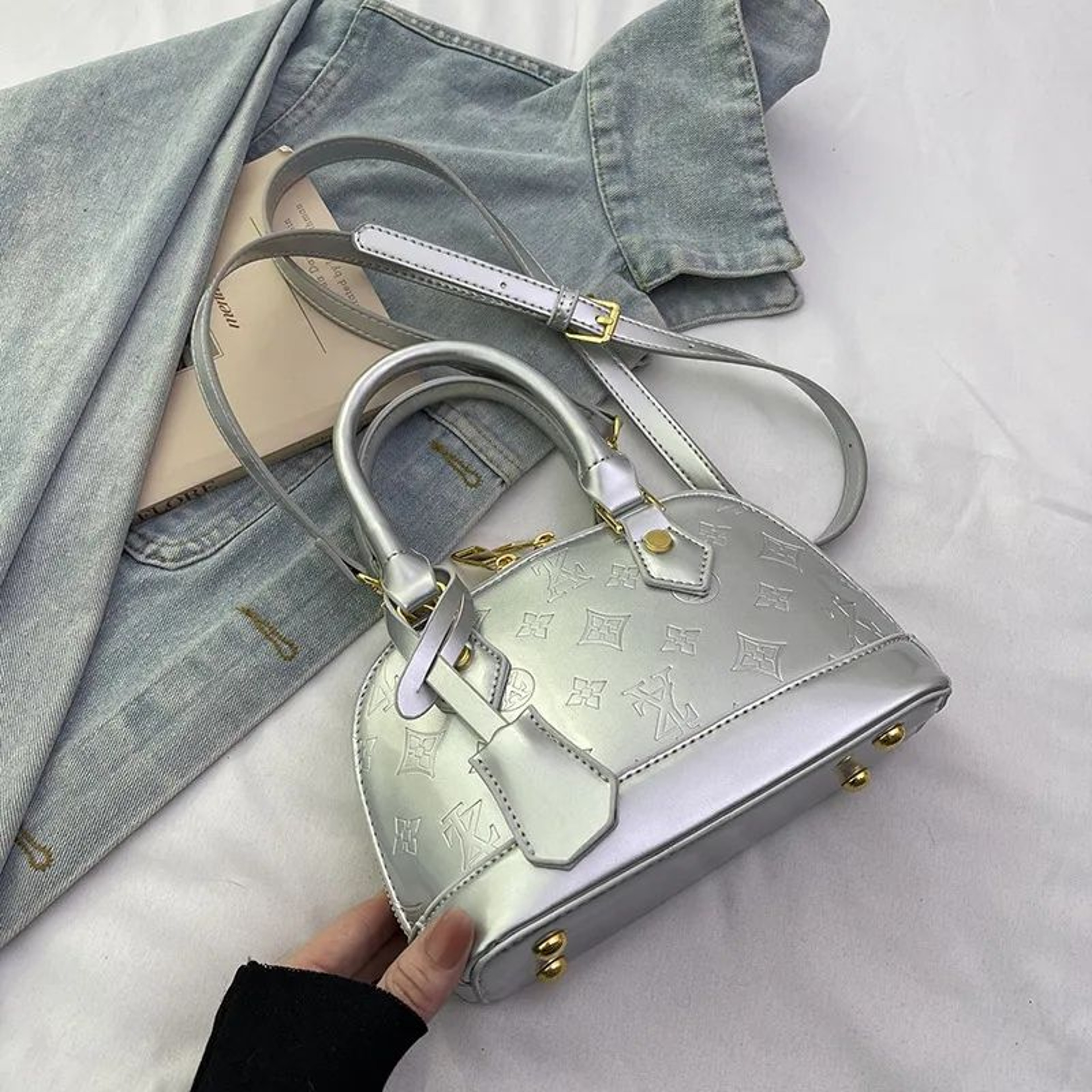 Mini Shell Crossbody Handbag With Embossed Lettering And Patent Leather Finish 3