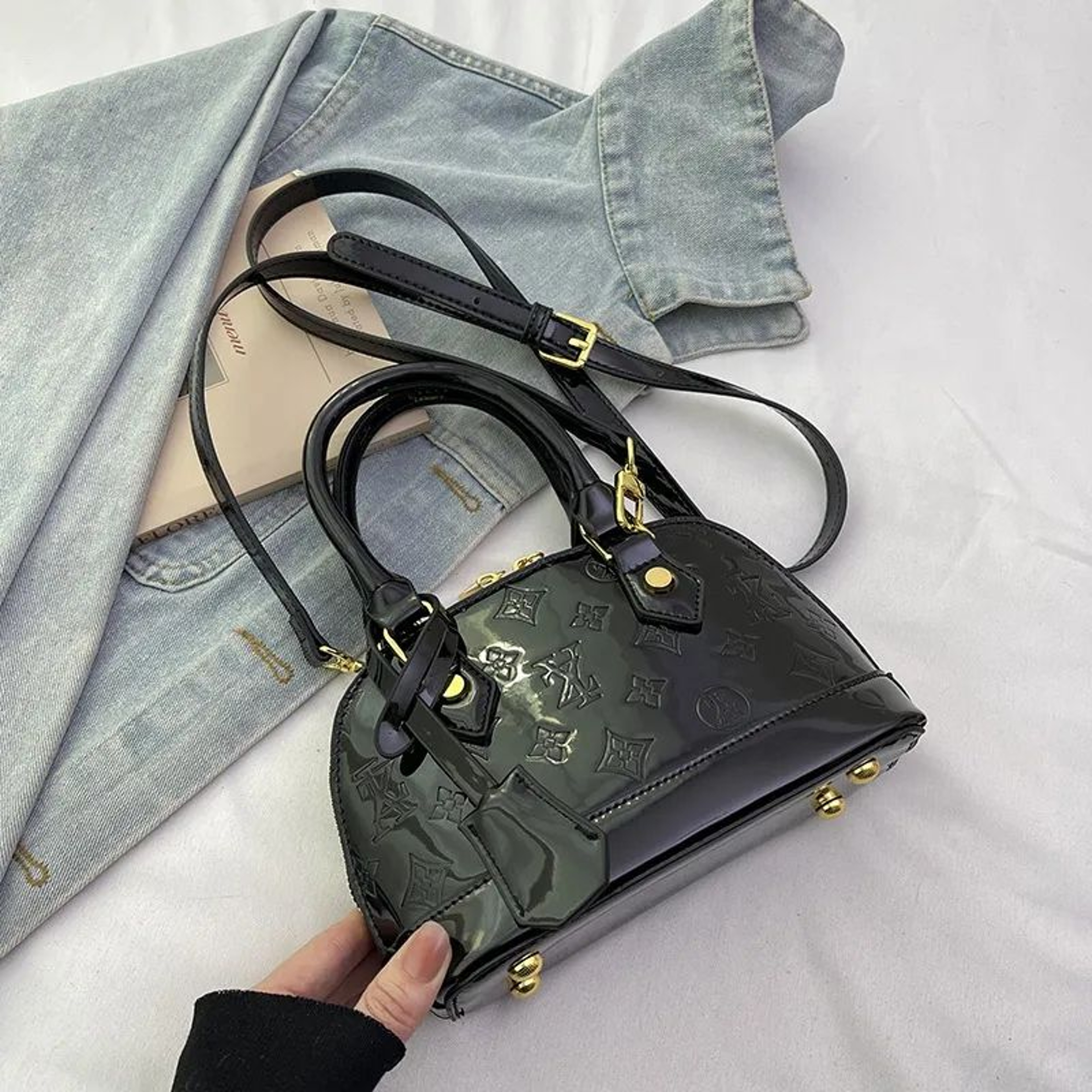 Mini Shell Crossbody Handbag With Embossed Lettering And Patent Leather Finish 1