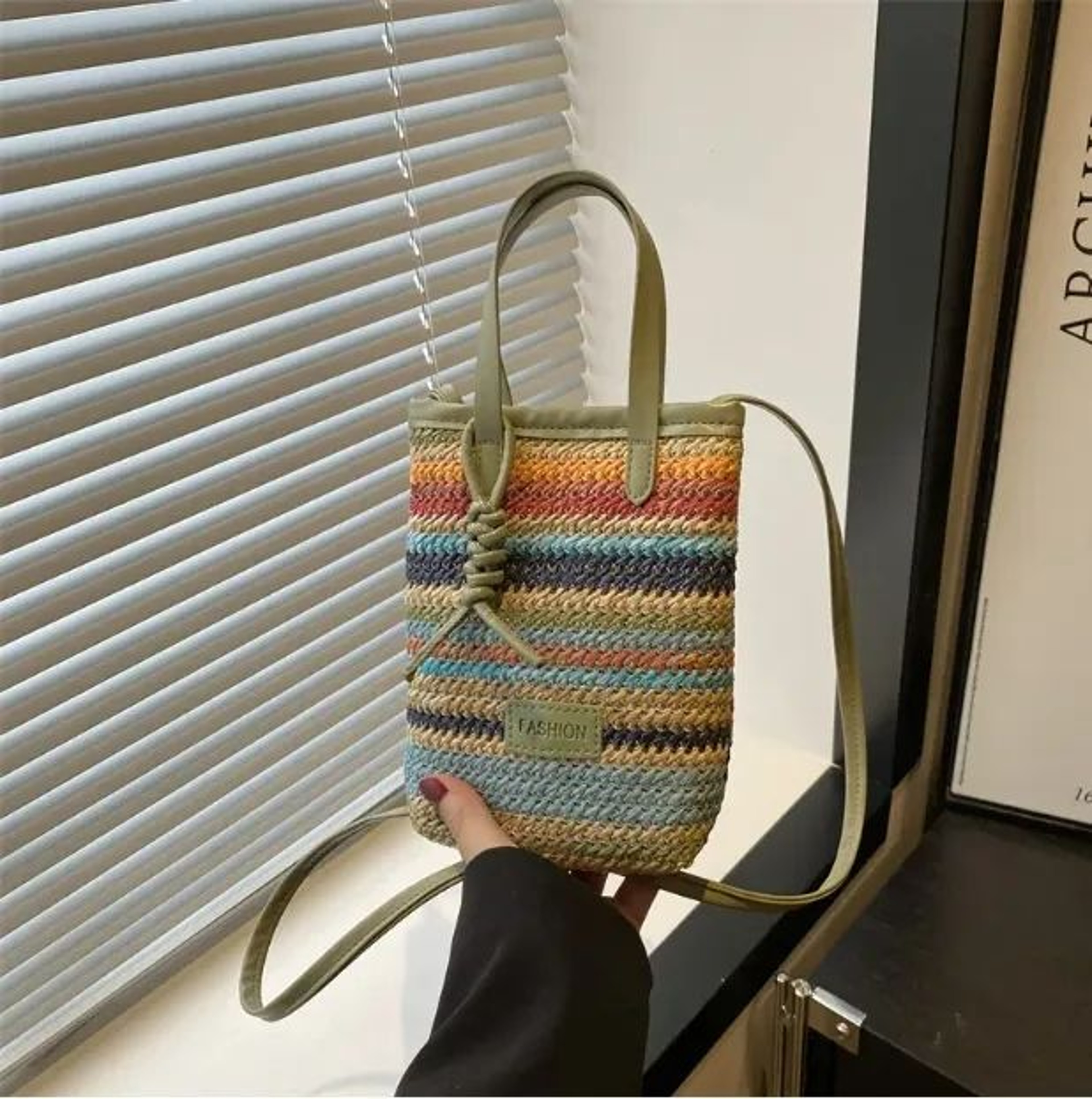 Womens Straw Crossbody Bag With ThreeColor Block Woven Design 2