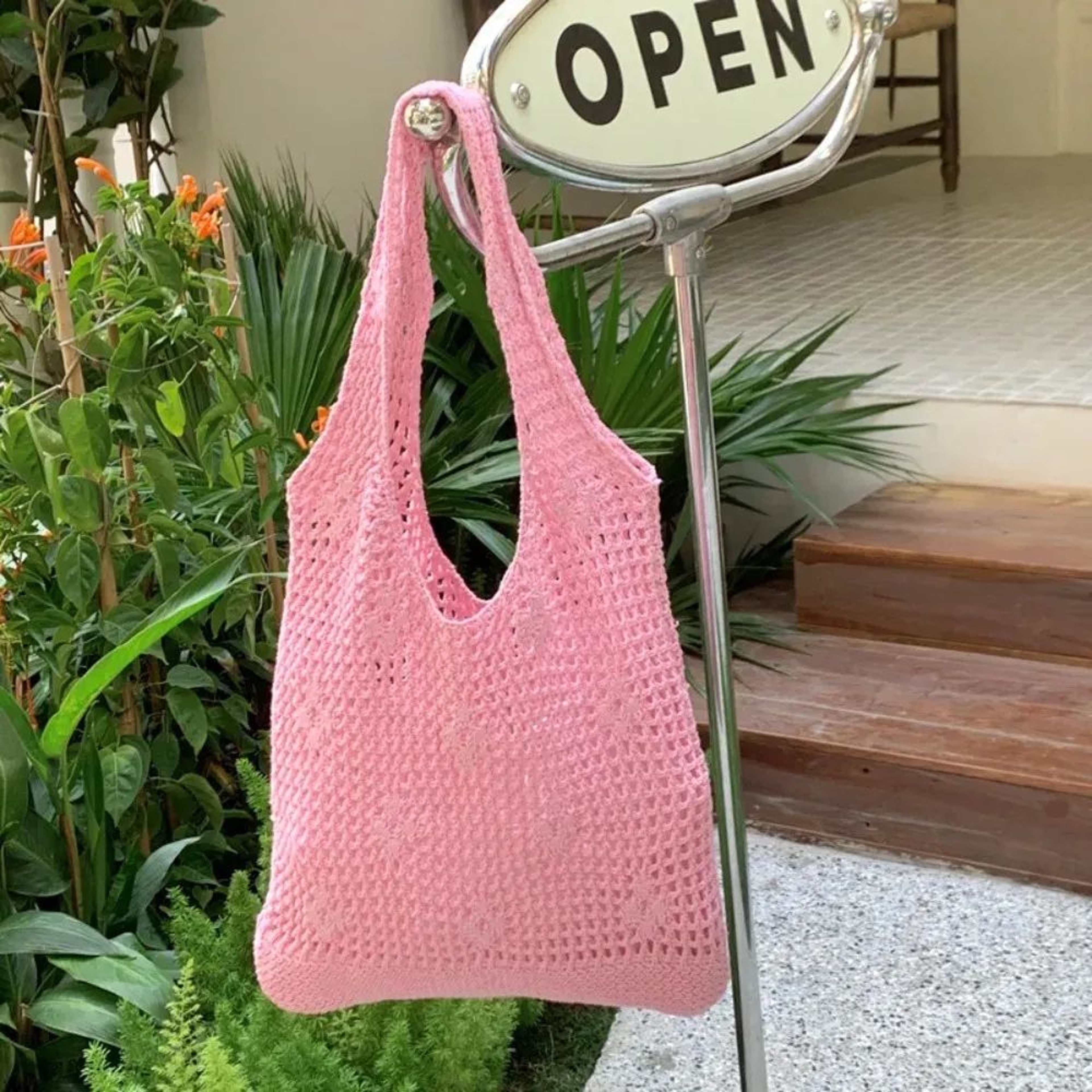 Cotton Knit Shoulder Bag With Hollow Out Woven Design For Vacations 2