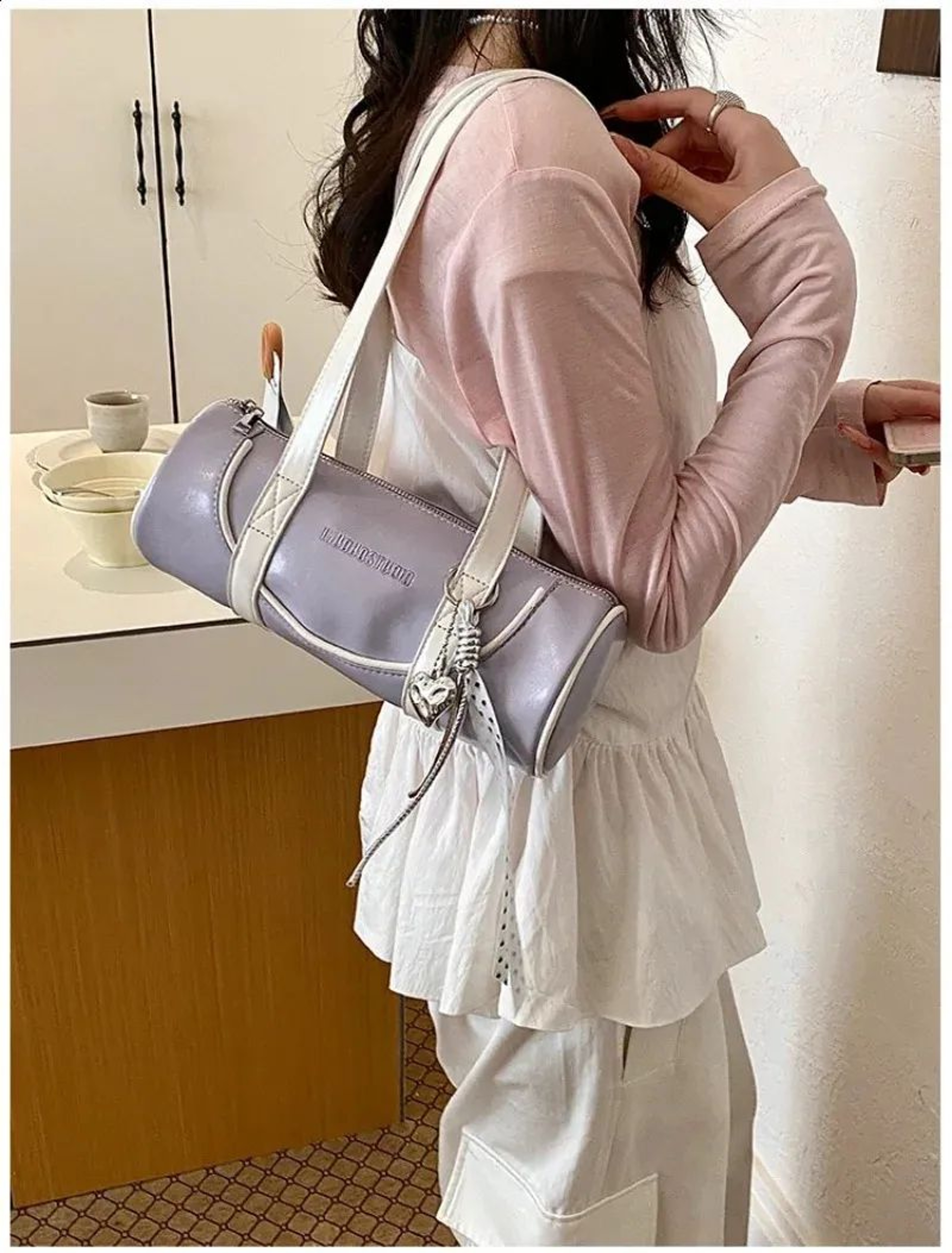 Womens Cylinder Shoulder Bag With Contrast Trim For Everyday Use 5