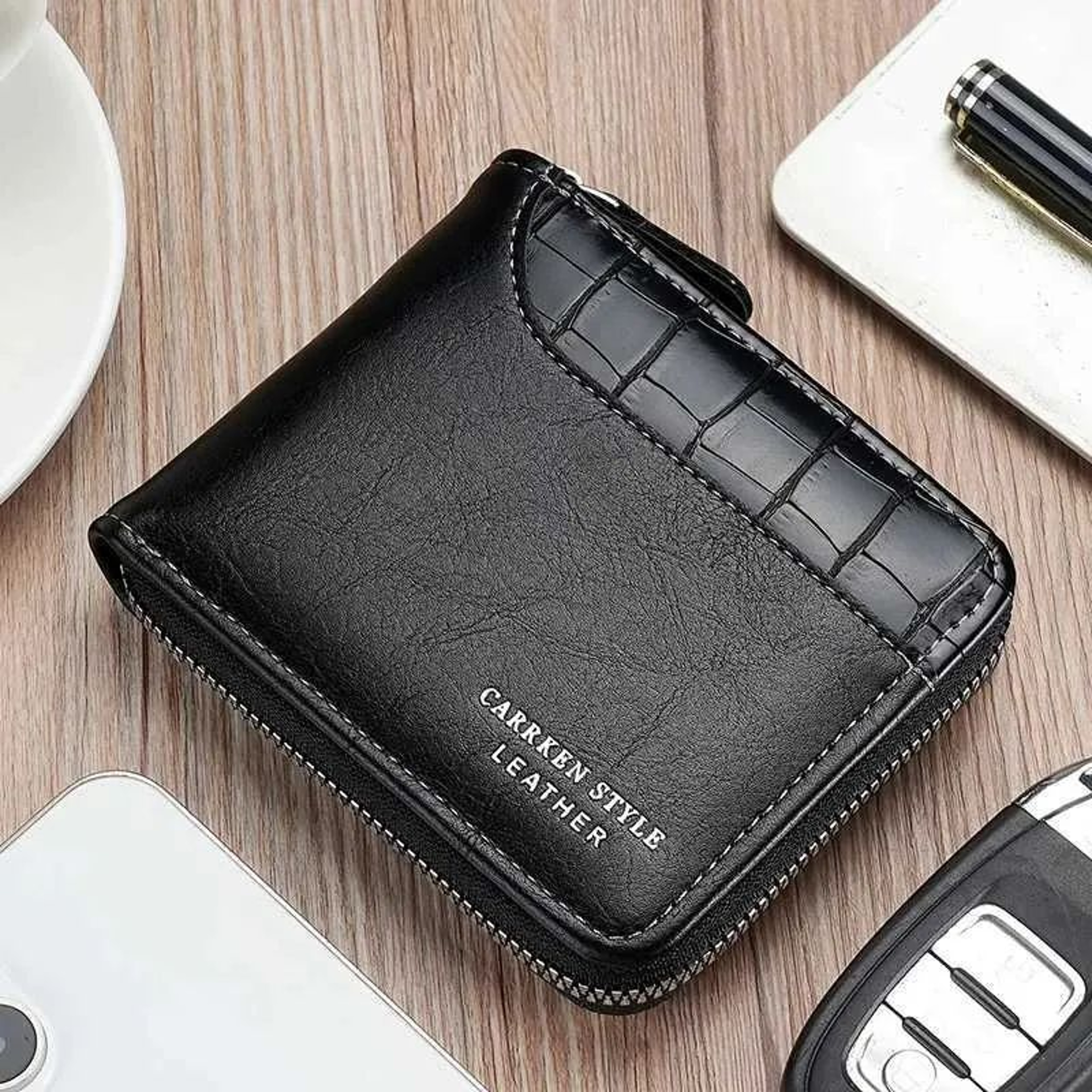 Mens Zipper Wallet With Coin Pocket And Retro Stone Pattern Patchwork Design 1