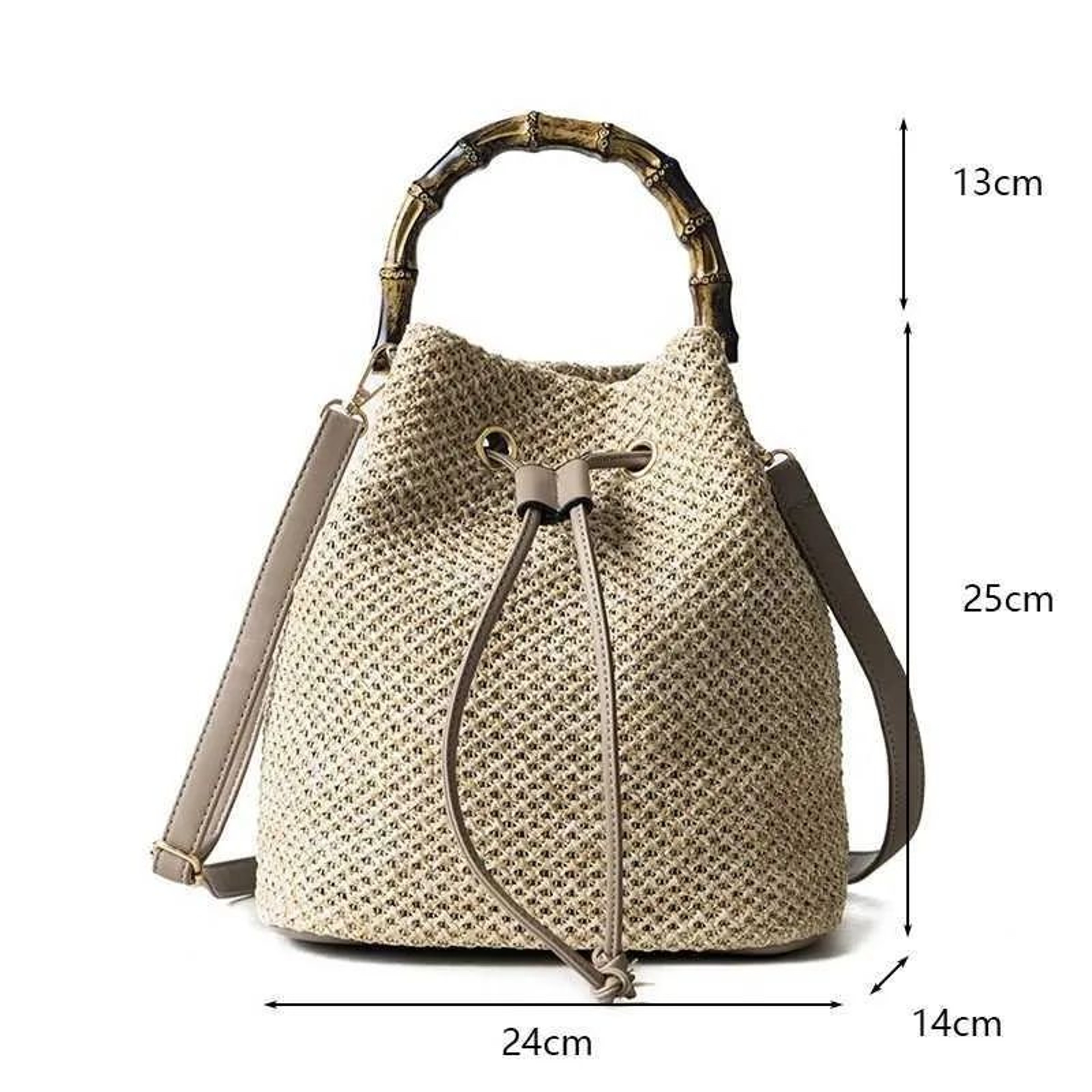 Woven Straw Bucket Bag For Women With Bamboo Handle And Crossbody Design 3