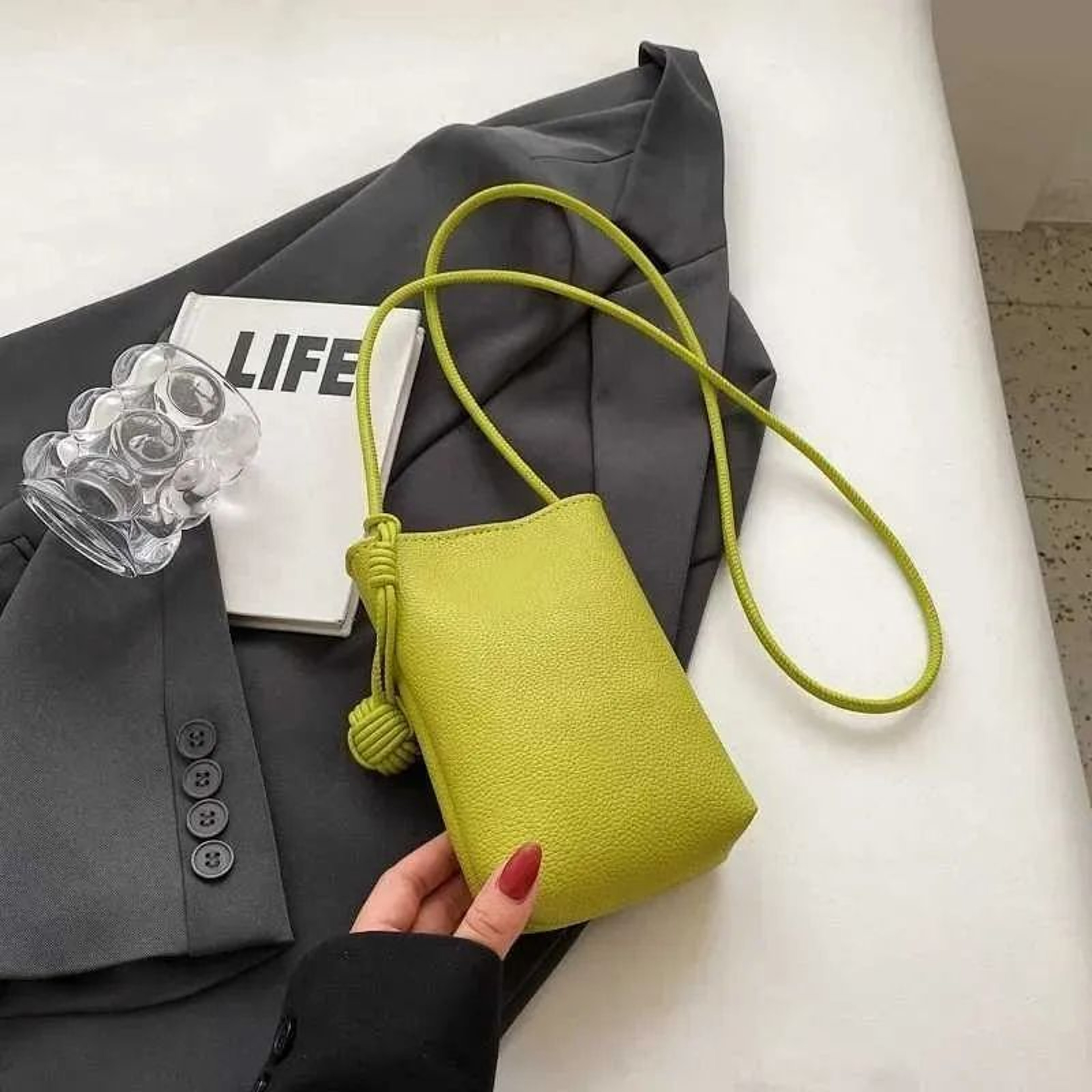 Women Mini Crossbody Bag In Lime Green Faux Leather With Adjustable Strap 1