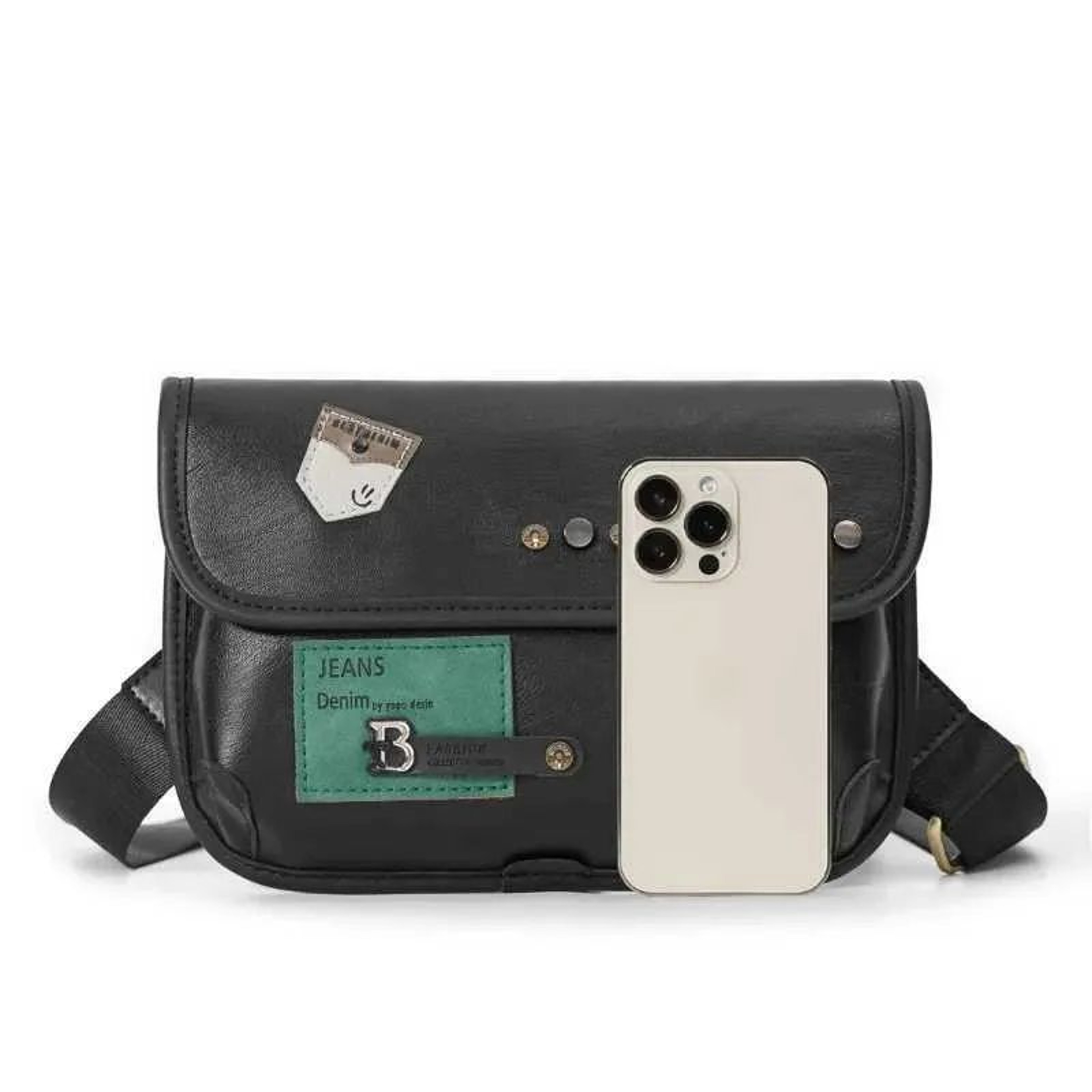 Men Small Crossbody Messenger Bag With Flap Closure And Rivet Accents 2