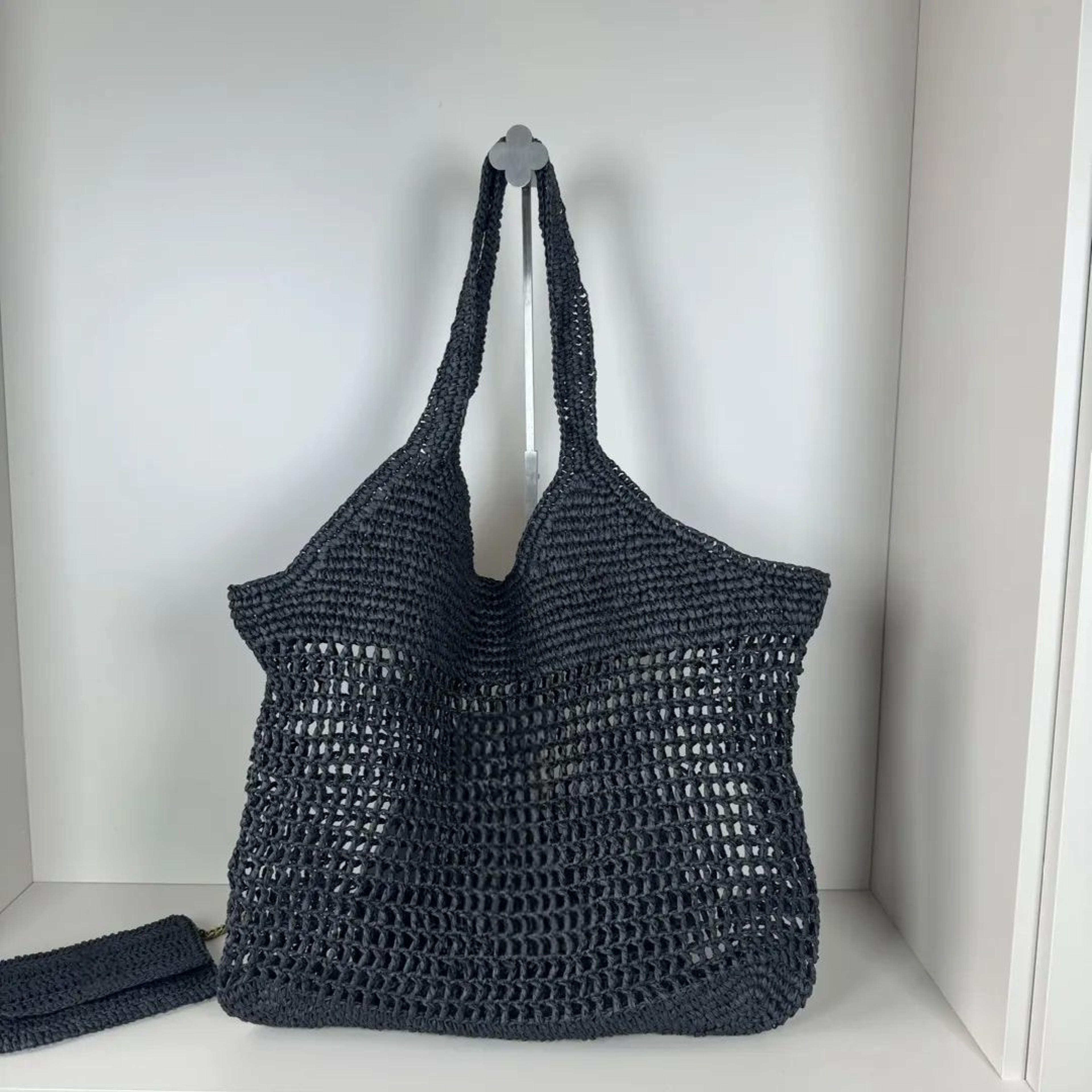 Large Raffia Straw Shoulder Tote Bag For Women With Metal Letter Accent 1