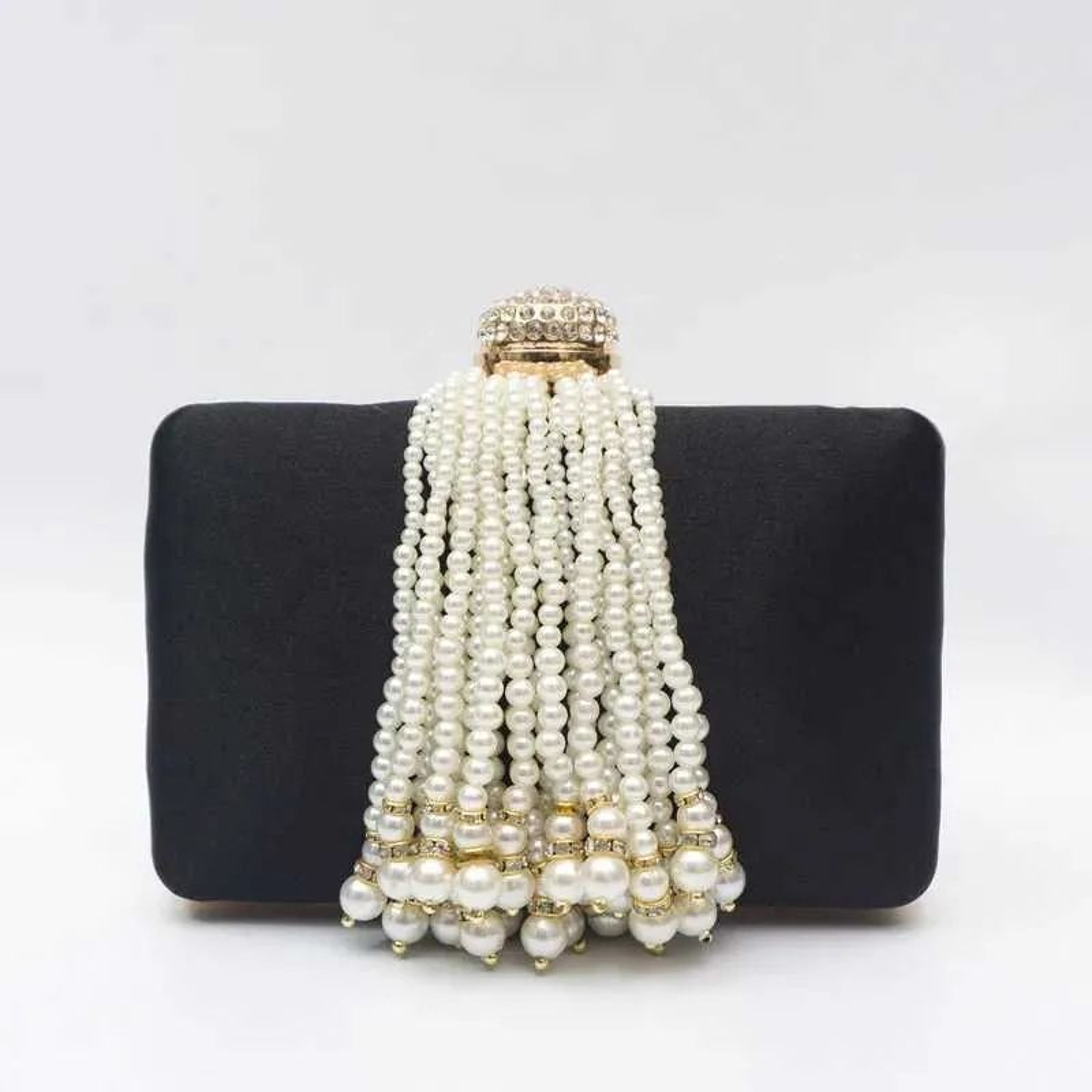 Women Satin Evening Clutch Bag With Pearl Tassels And Rhinestone Buckle 0
