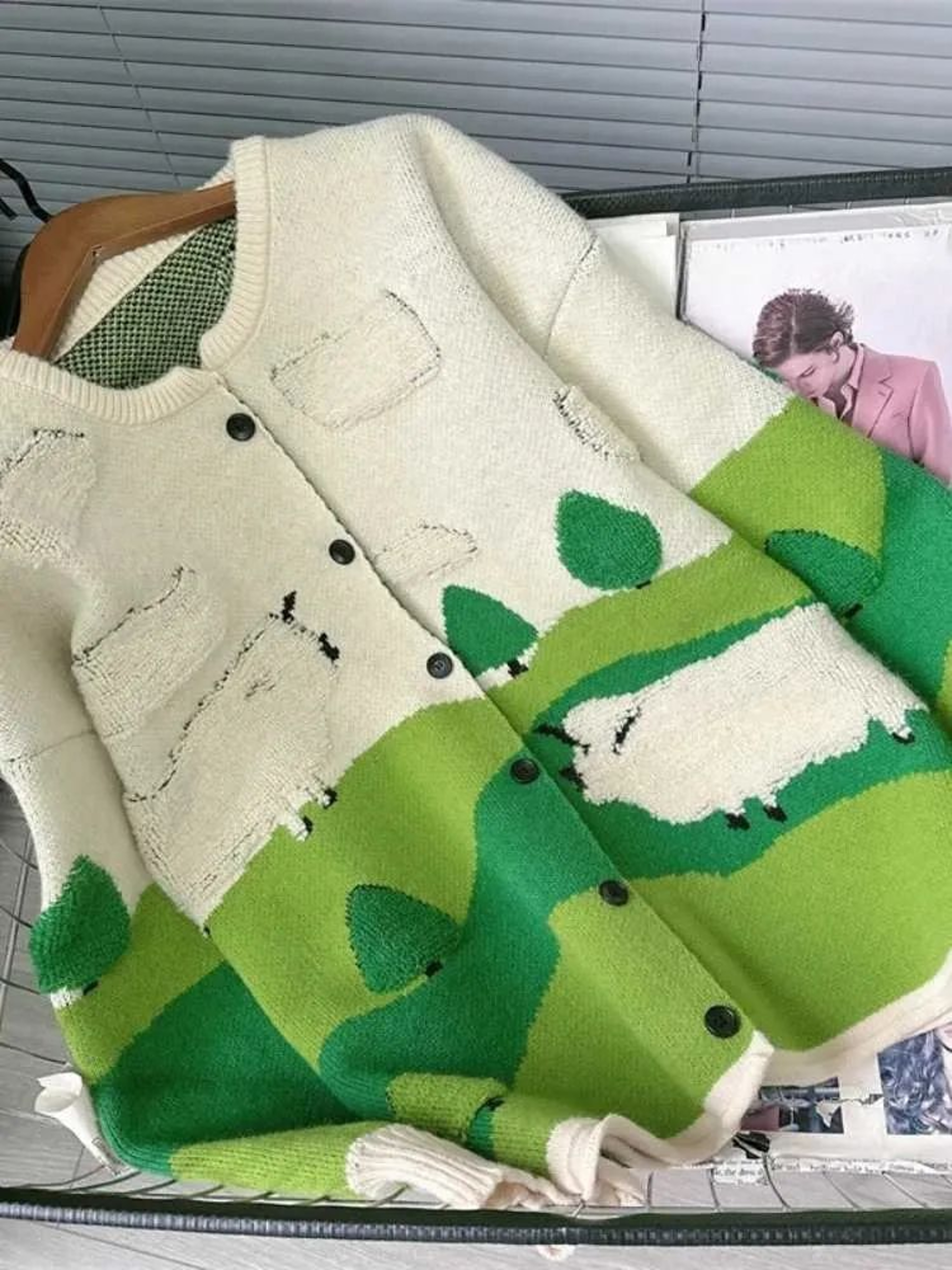Womens Cartoon Jacquard Cardigan Sweater With Contrast Colors And Loose Fit 1