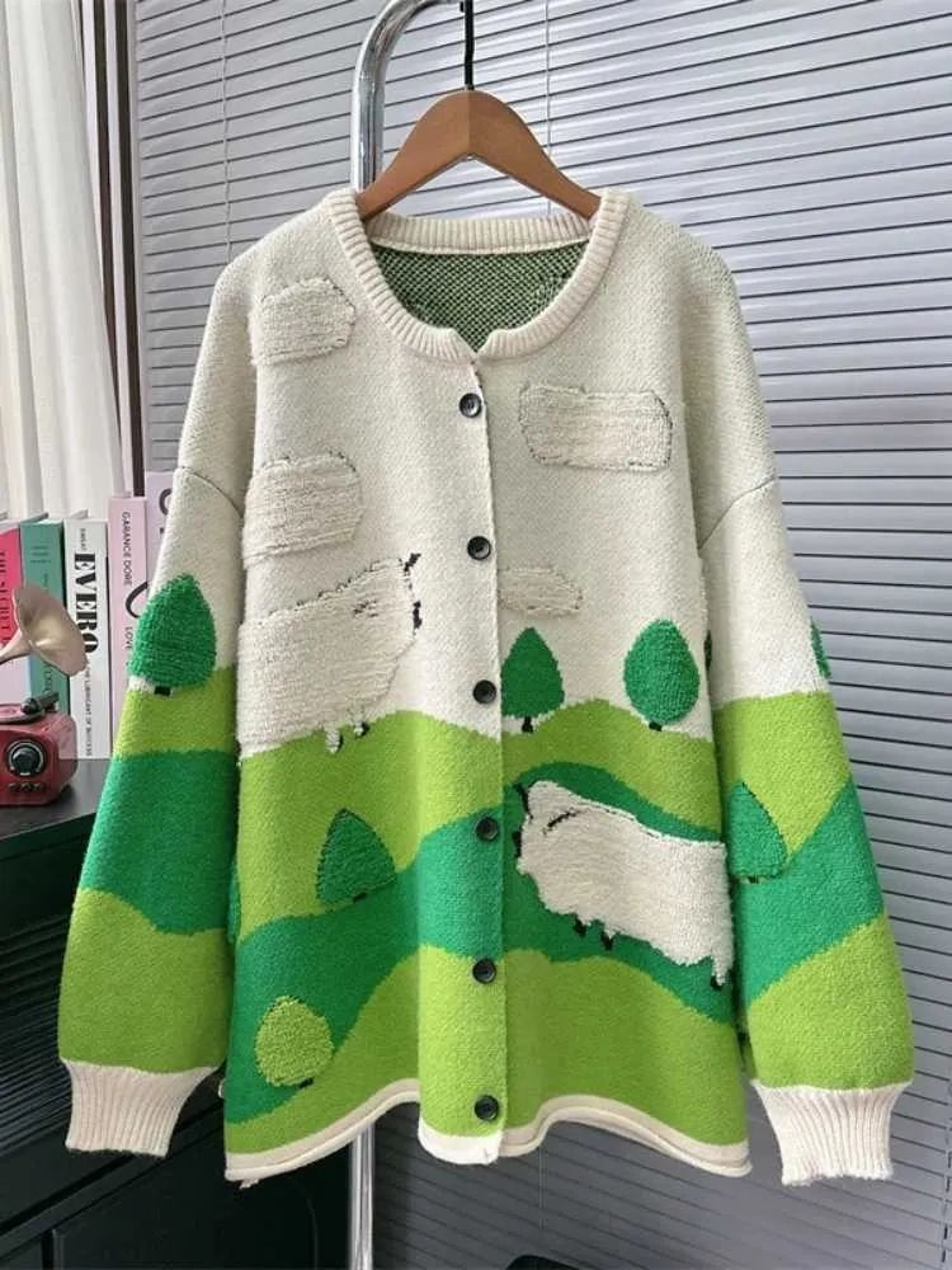 Womens Cartoon Jacquard Cardigan Sweater With Contrast Colors And Loose Fit 0