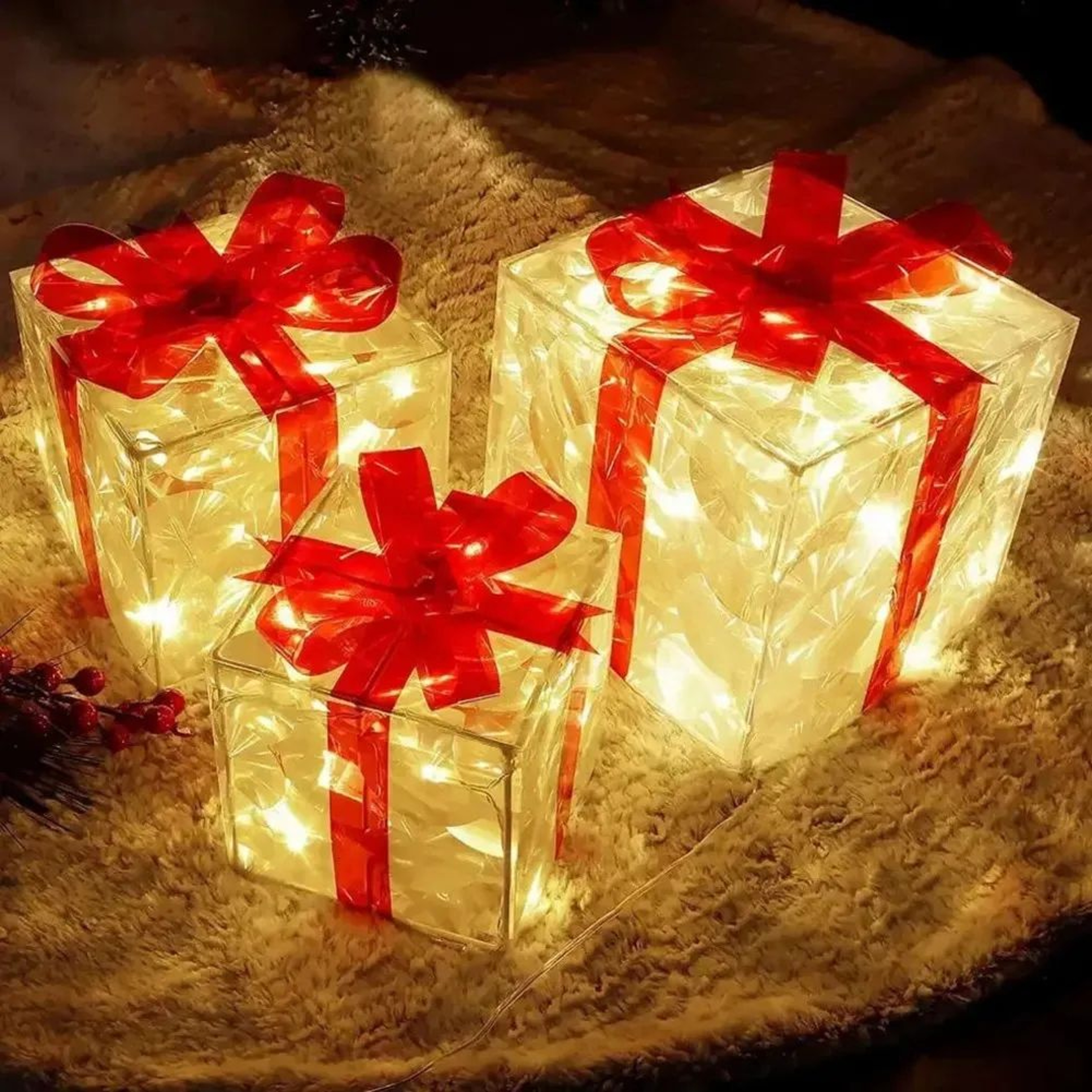 Lighted Christmas Gift Box Ornament With Perfume Bottle Design And Decorative Bow 0