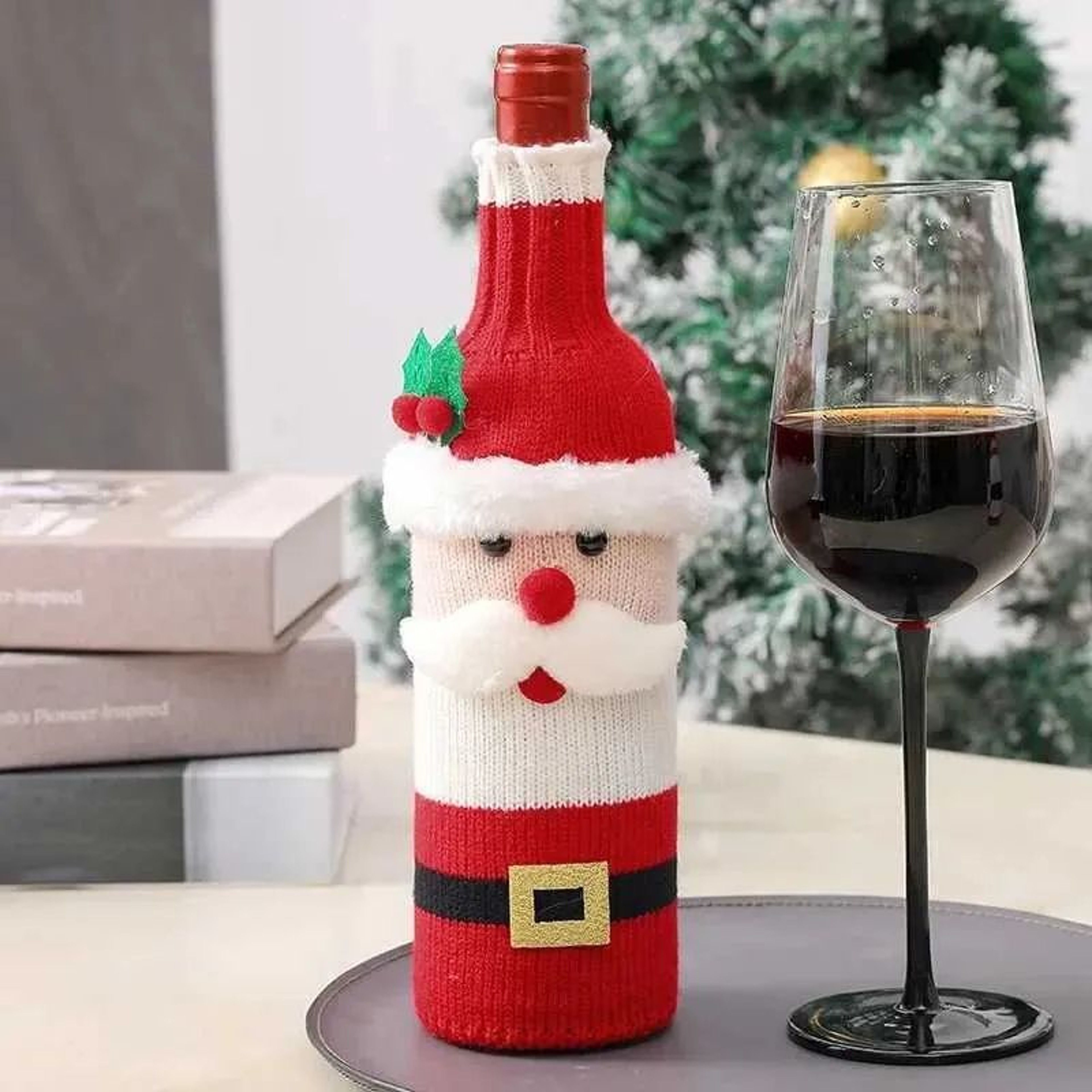 Christmas Knitted Wine Bottle Cover With Santa Elk And Snowman Designs 0
