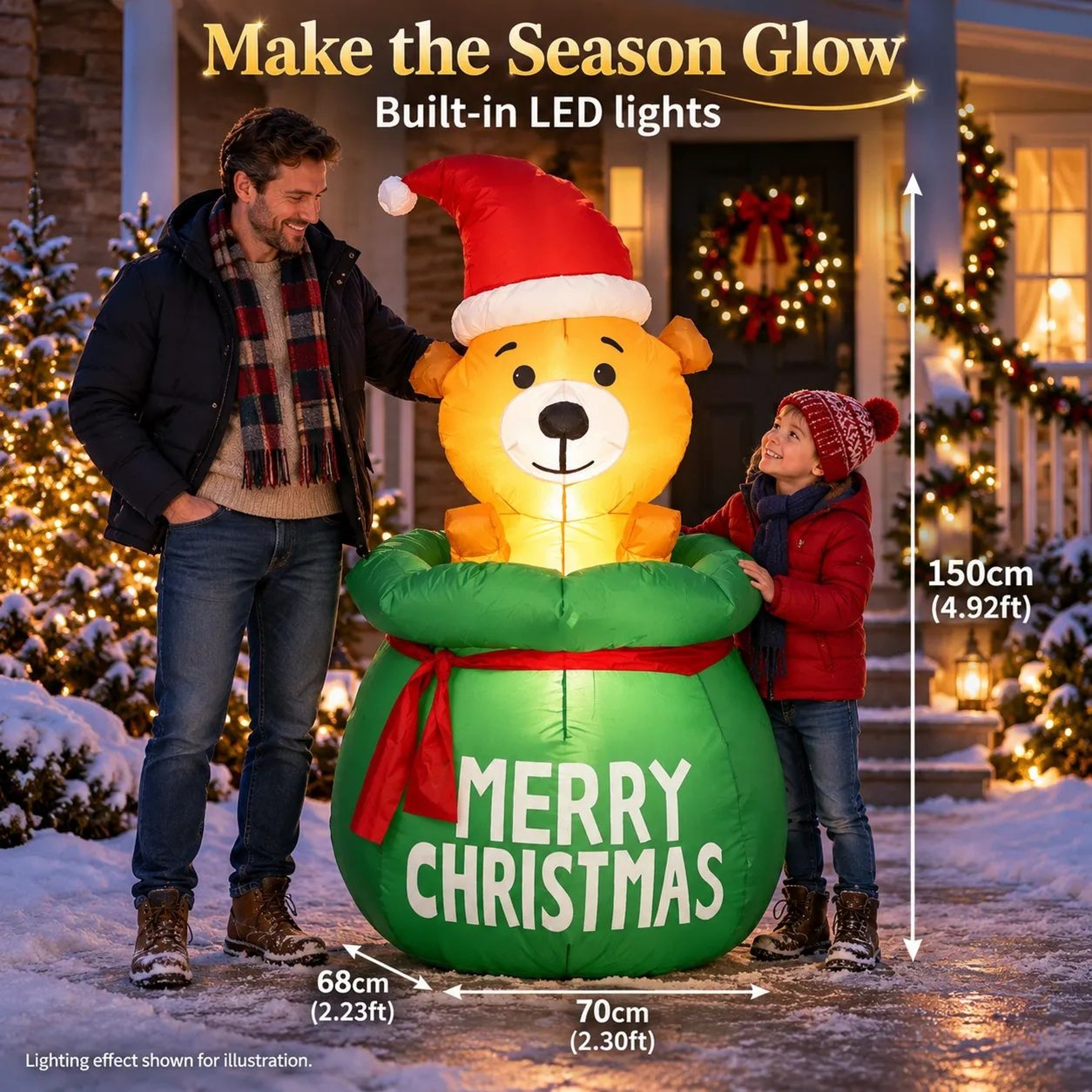 Christmas Inflatable Bear In Green Gift Bag With LED Lights For Indoor Outdoor Decor 1