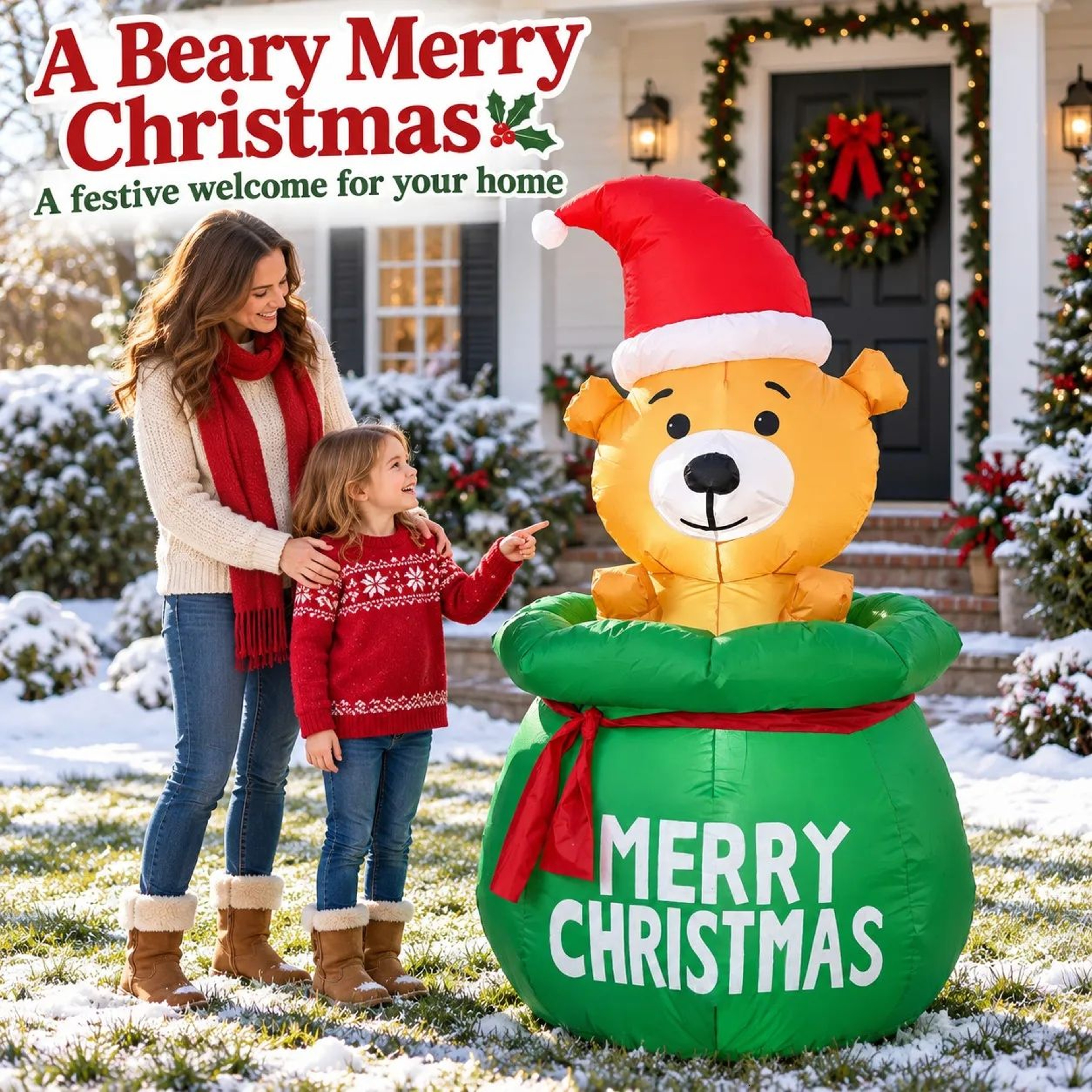 Christmas Inflatable Bear In Green Gift Bag With LED Lights For Indoor Outdoor Decor 2