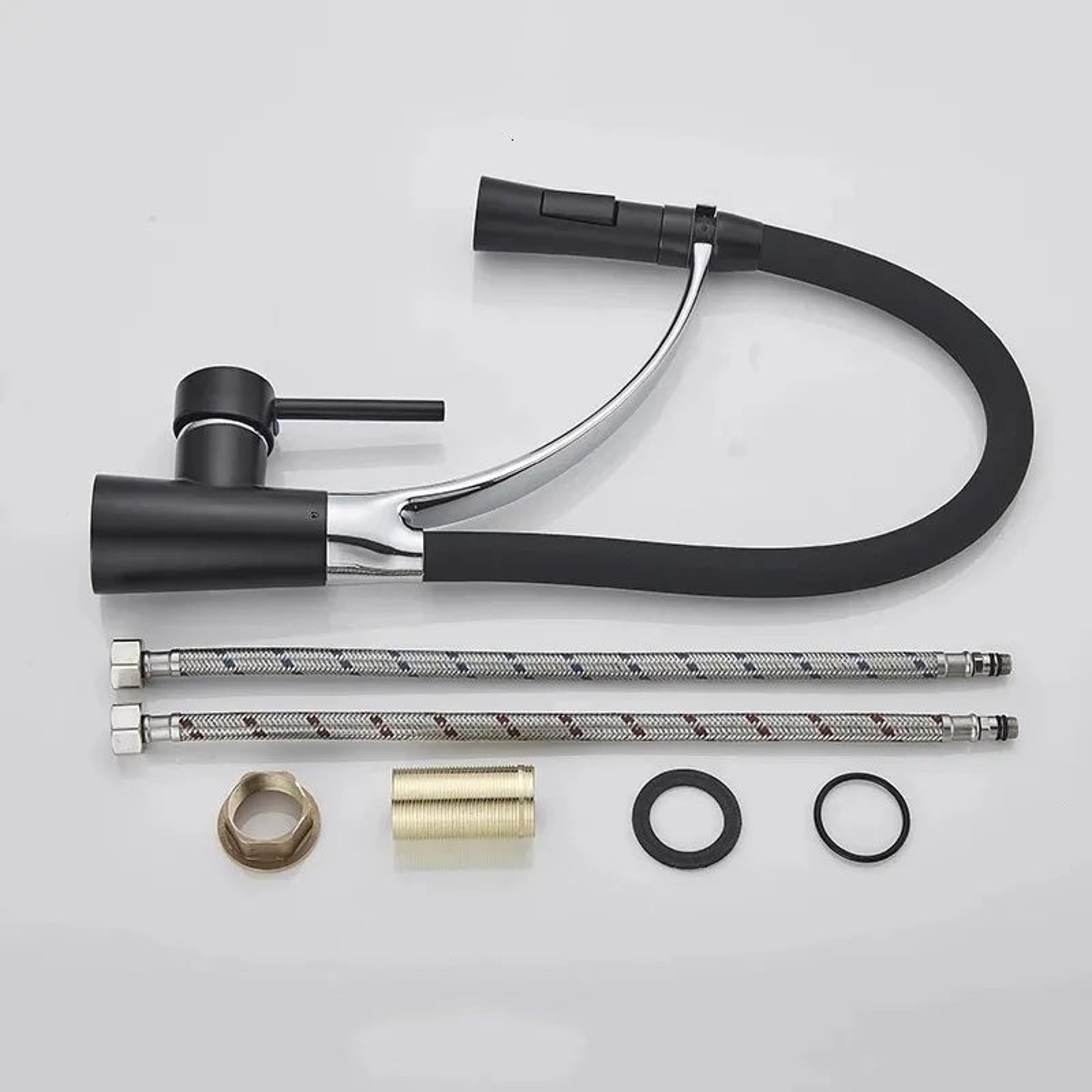 Swivel PullDown Kitchen Faucet With Black Hose And Hot And Cold Water Mixer 7
