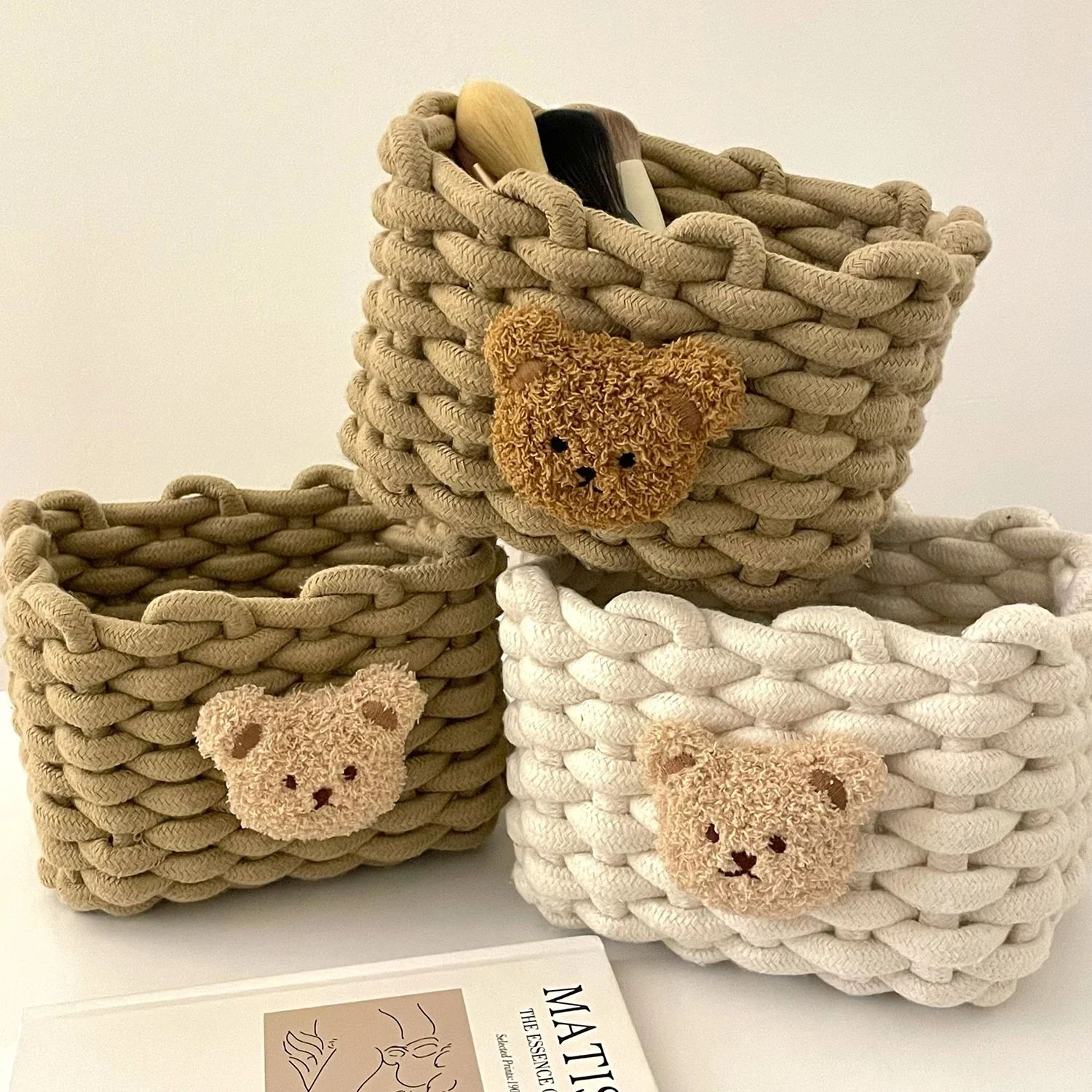 Handmade Cotton Rope Storage Basket Little Bear  Cute Desktop Organizer For Cosmetics Sundries EcoF 3