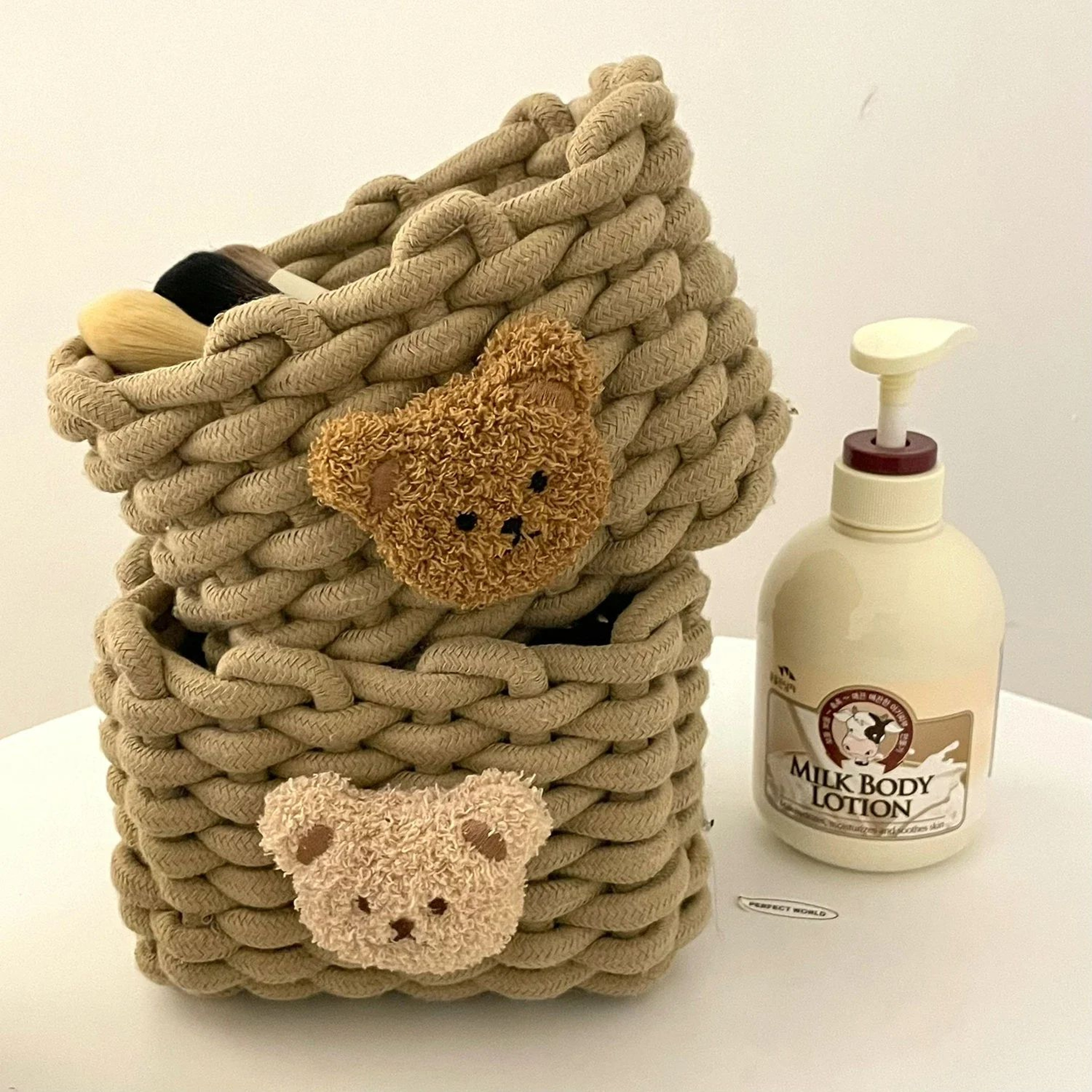 Handmade Cotton Rope Storage Basket Little Bear  Cute Desktop Organizer For Cosmetics Sundries EcoF 5