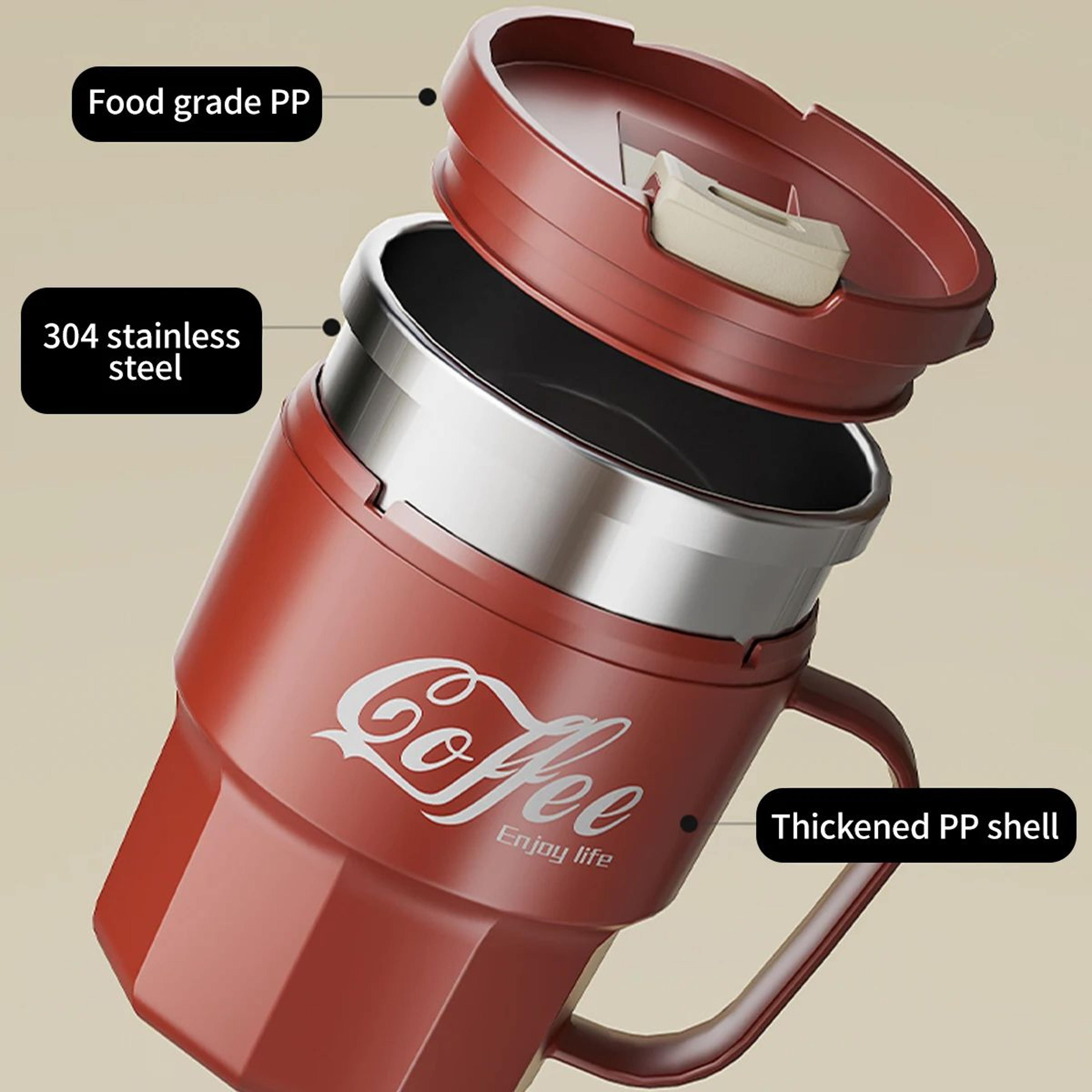WORTHBUY 304 Stainless Steel Insulated Coffee Mug With Lid  Handle  Double Wall Reusable Travel Cup 2