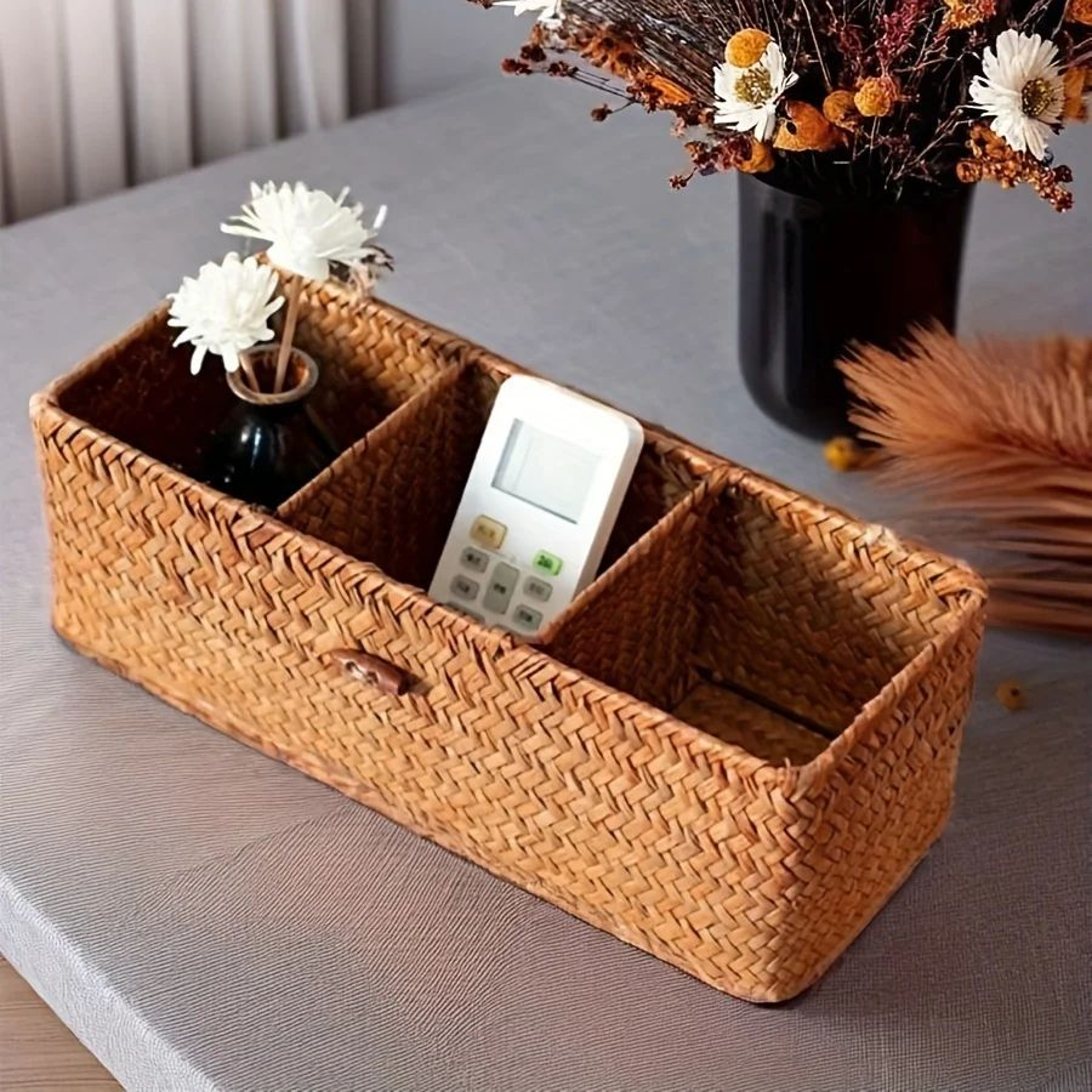 Vintage Woven Partitioned Storage Box  Handcrafted Rectangular Shelf Organizer Basket For Home Orga 1