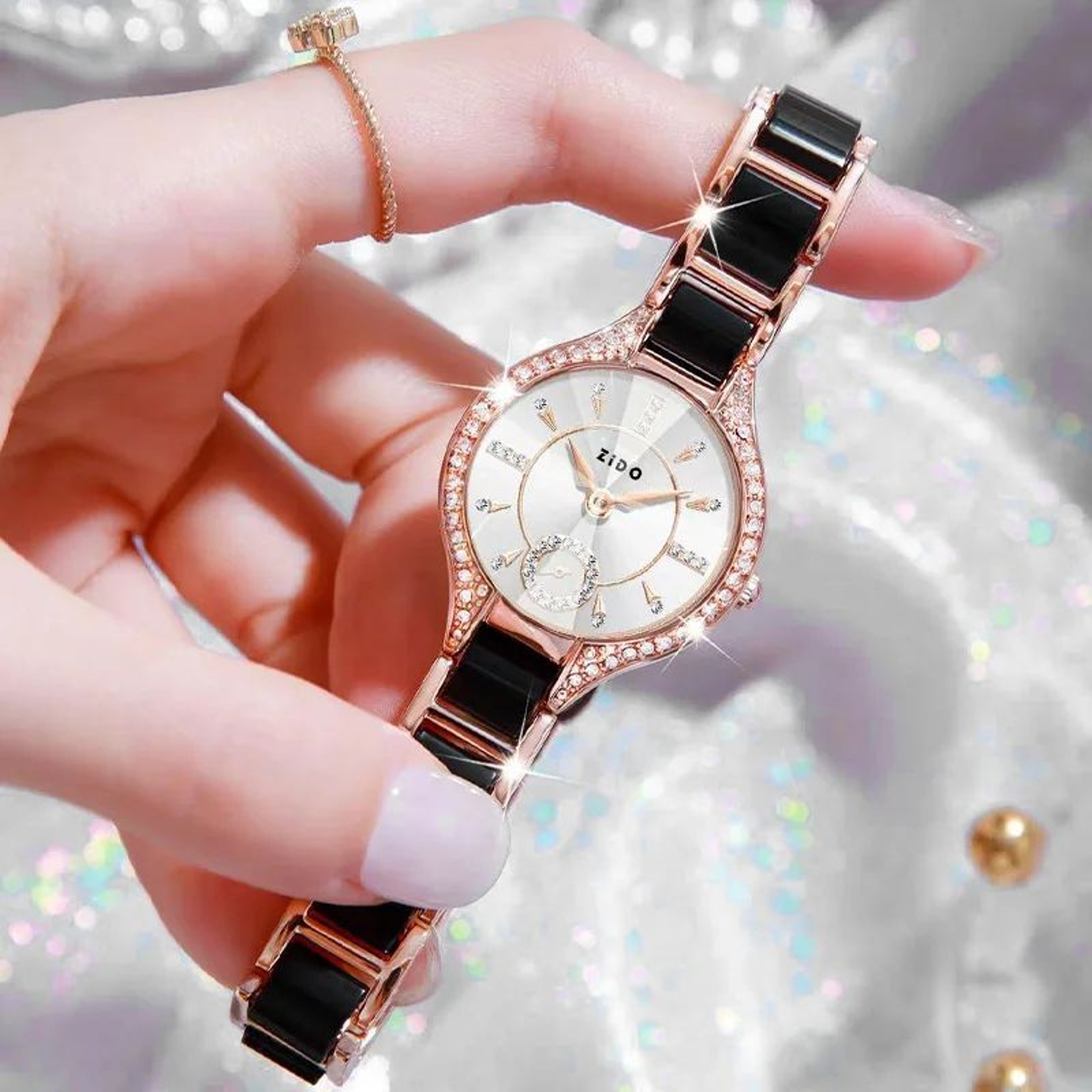 Retro Luxe Diamond Inlaid Womens Waterproof Stainless Steel Quartz Watch 6