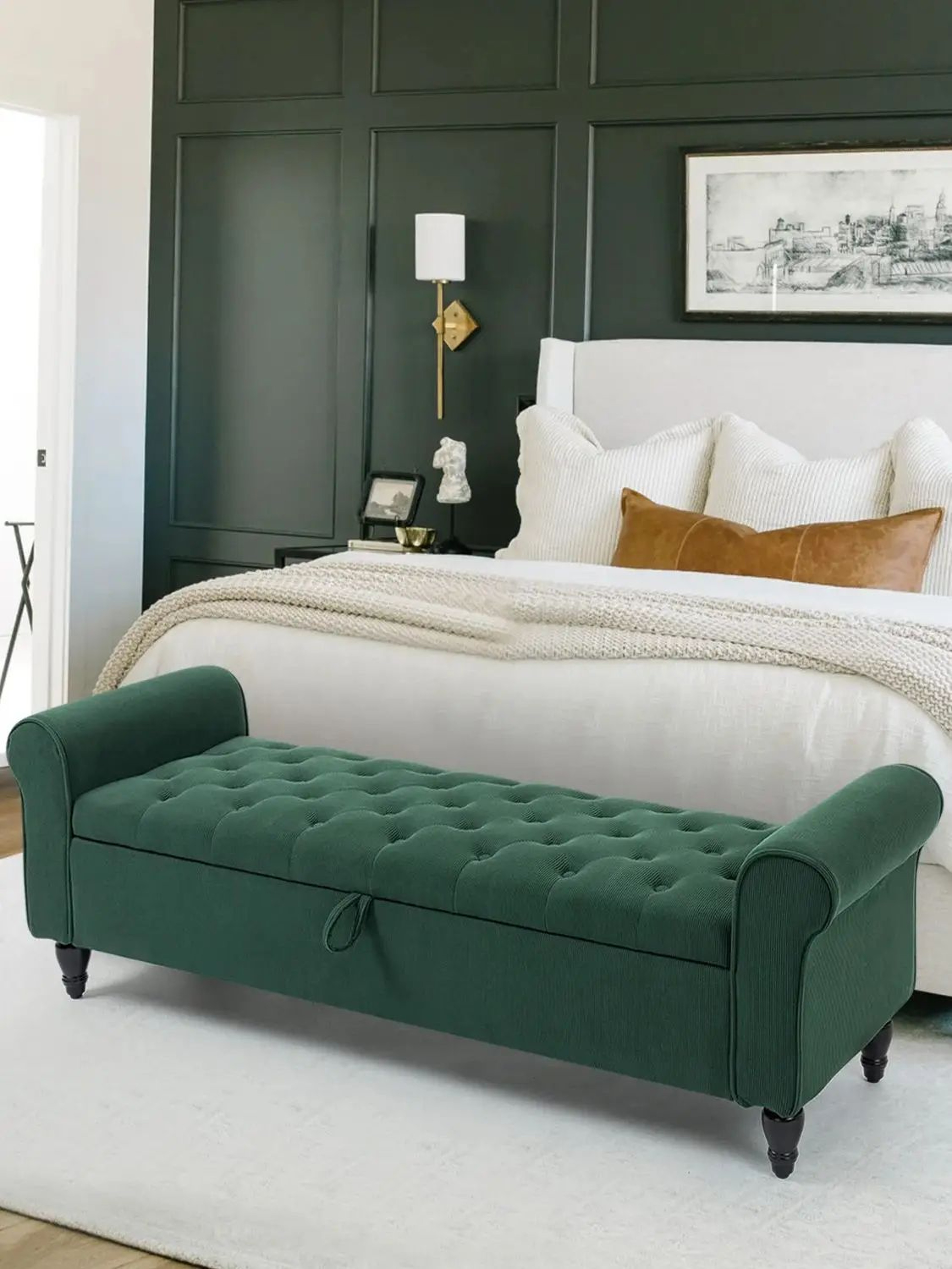 63in Tufted Storage Ottoman Bench  Upholstered EndofBed Bench With Hidden Storage  Rolled Arms 0