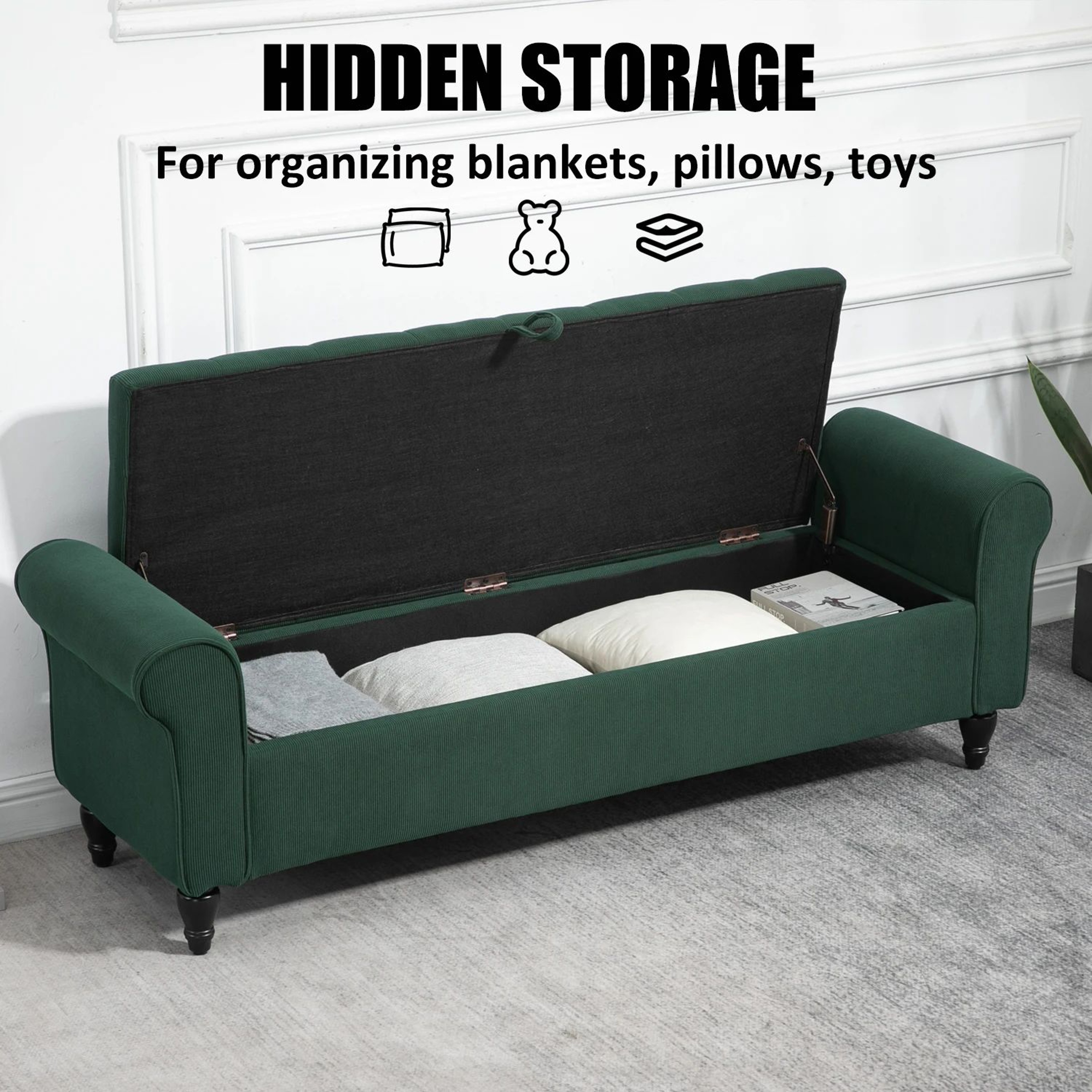 63in Tufted Storage Ottoman Bench  Upholstered EndofBed Bench With Hidden Storage  Rolled Arms 4