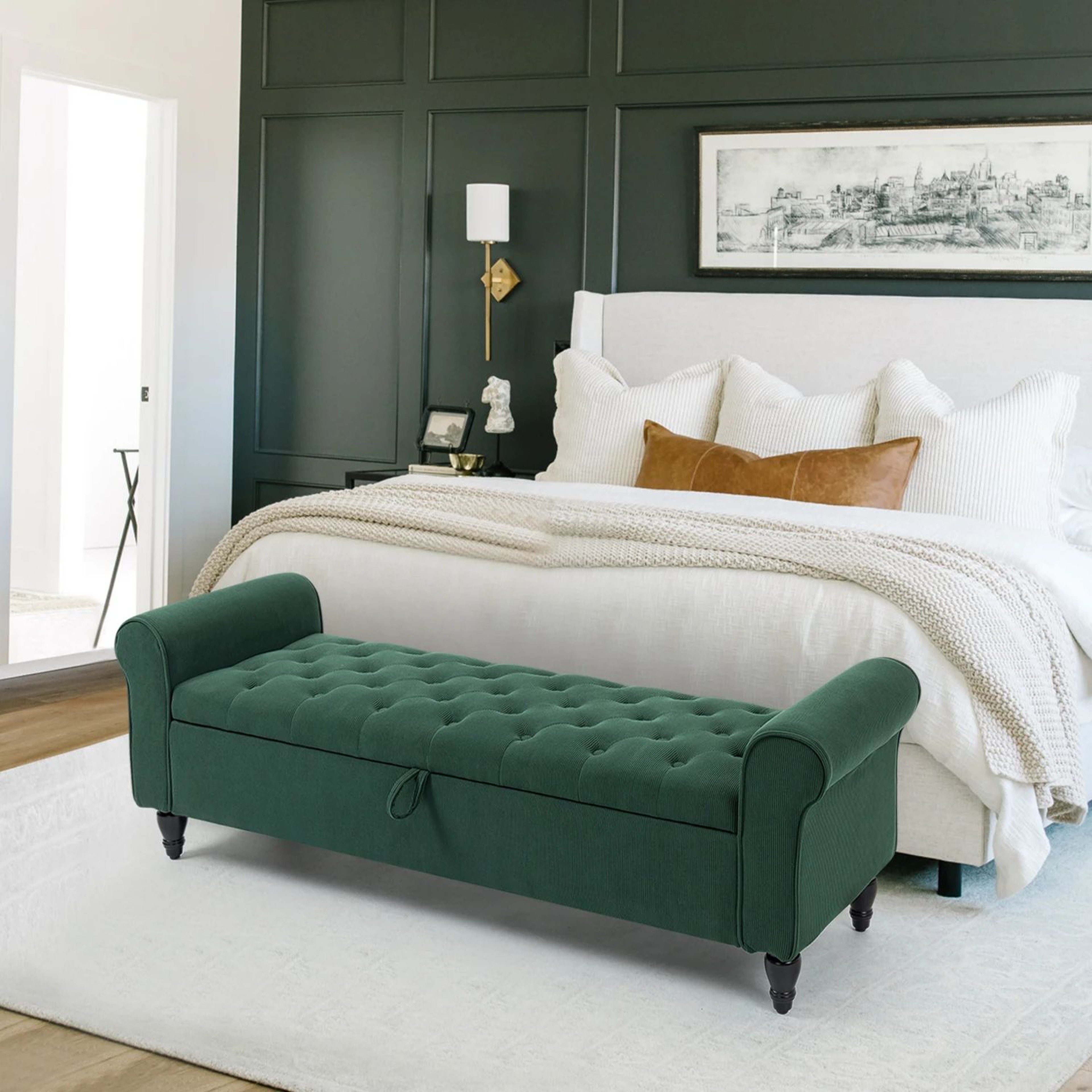 63in Tufted Storage Ottoman Bench  Upholstered EndofBed Bench With Hidden Storage  Rolled Arms 7
