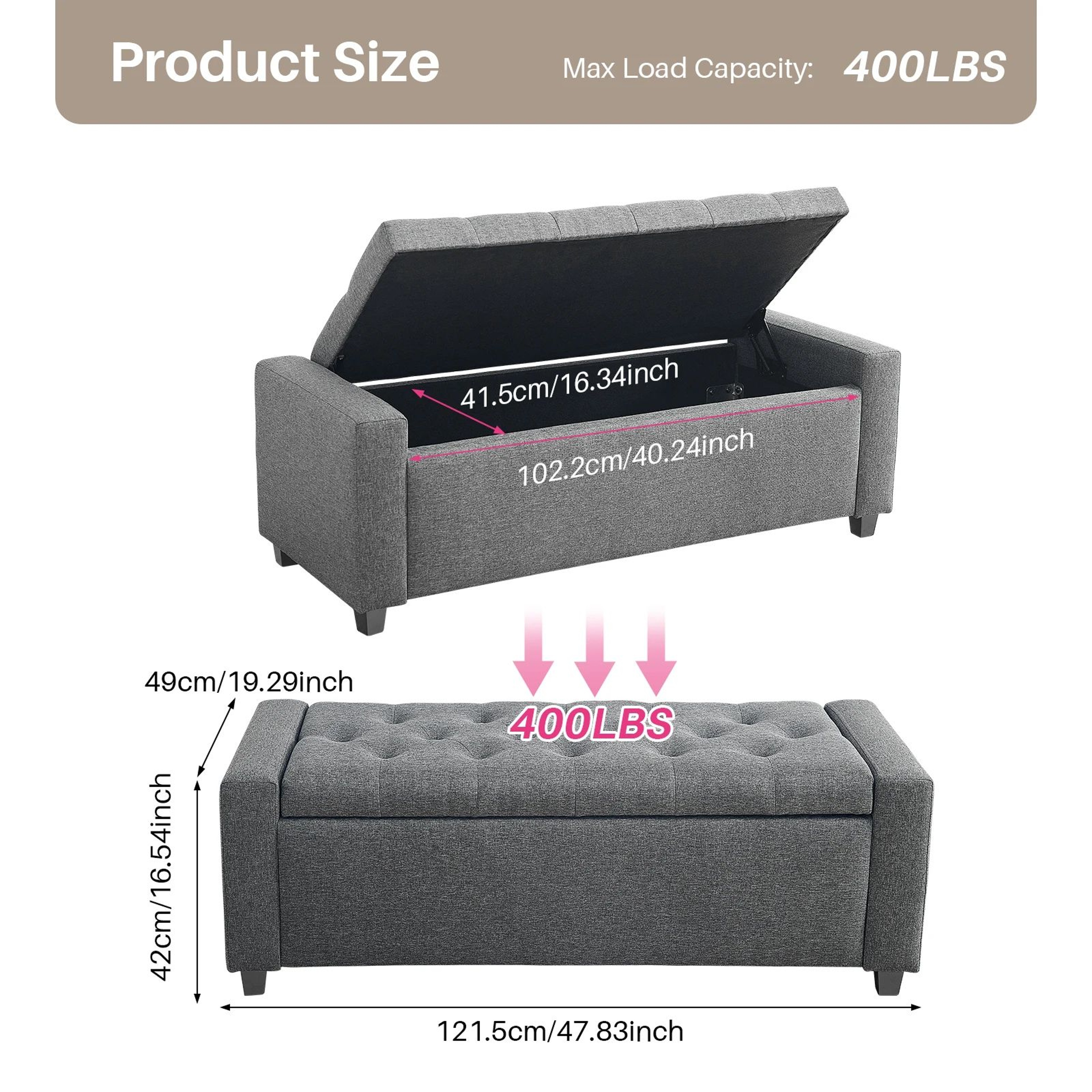 48in Redlife Folding Storage Ottoman Bench  Minimalist Fabric Footrest Stool With Flip Lid  Safety  4
