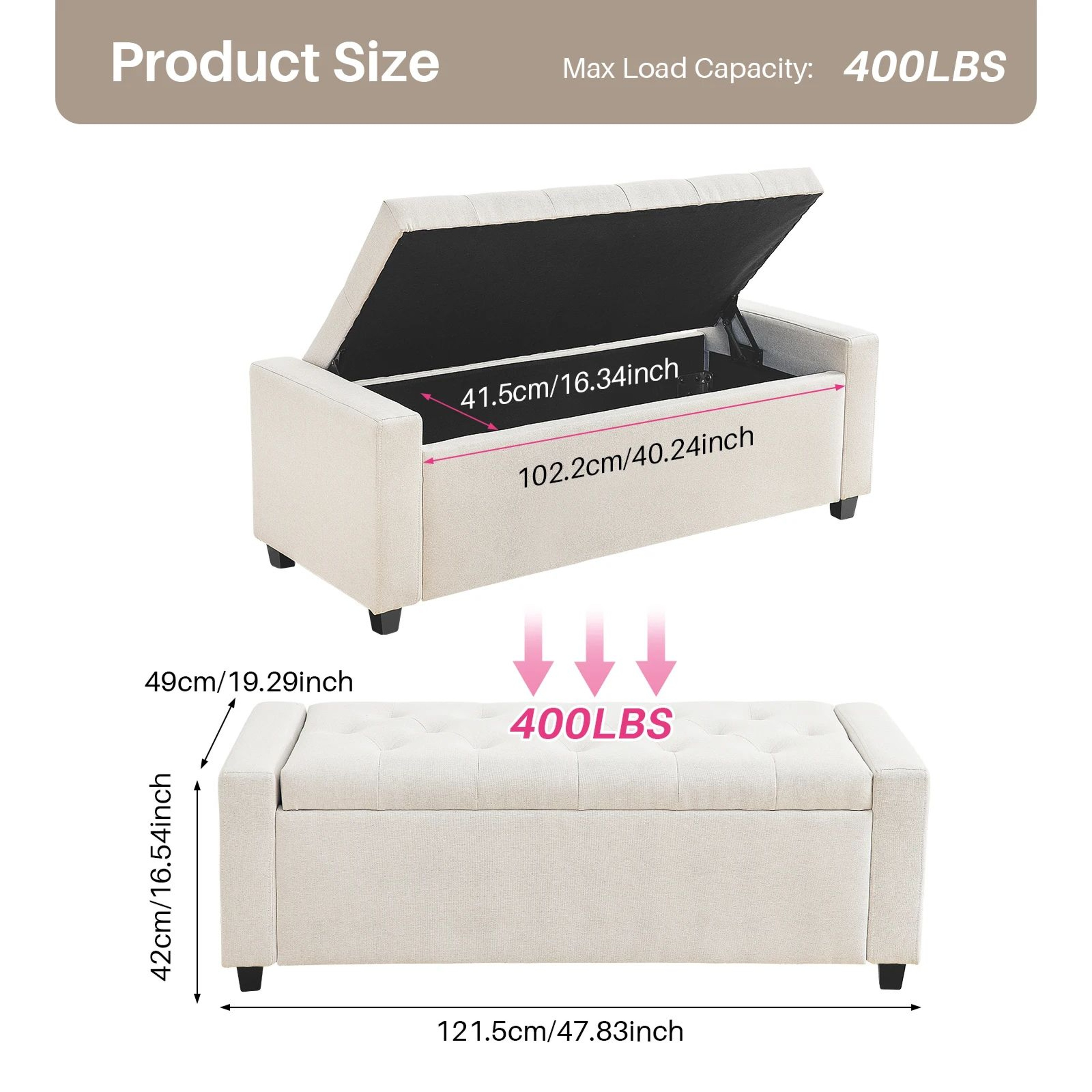 48in Redlife Folding Storage Ottoman Bench  Minimalist Fabric Footrest Stool With Flip Lid  Safety  6