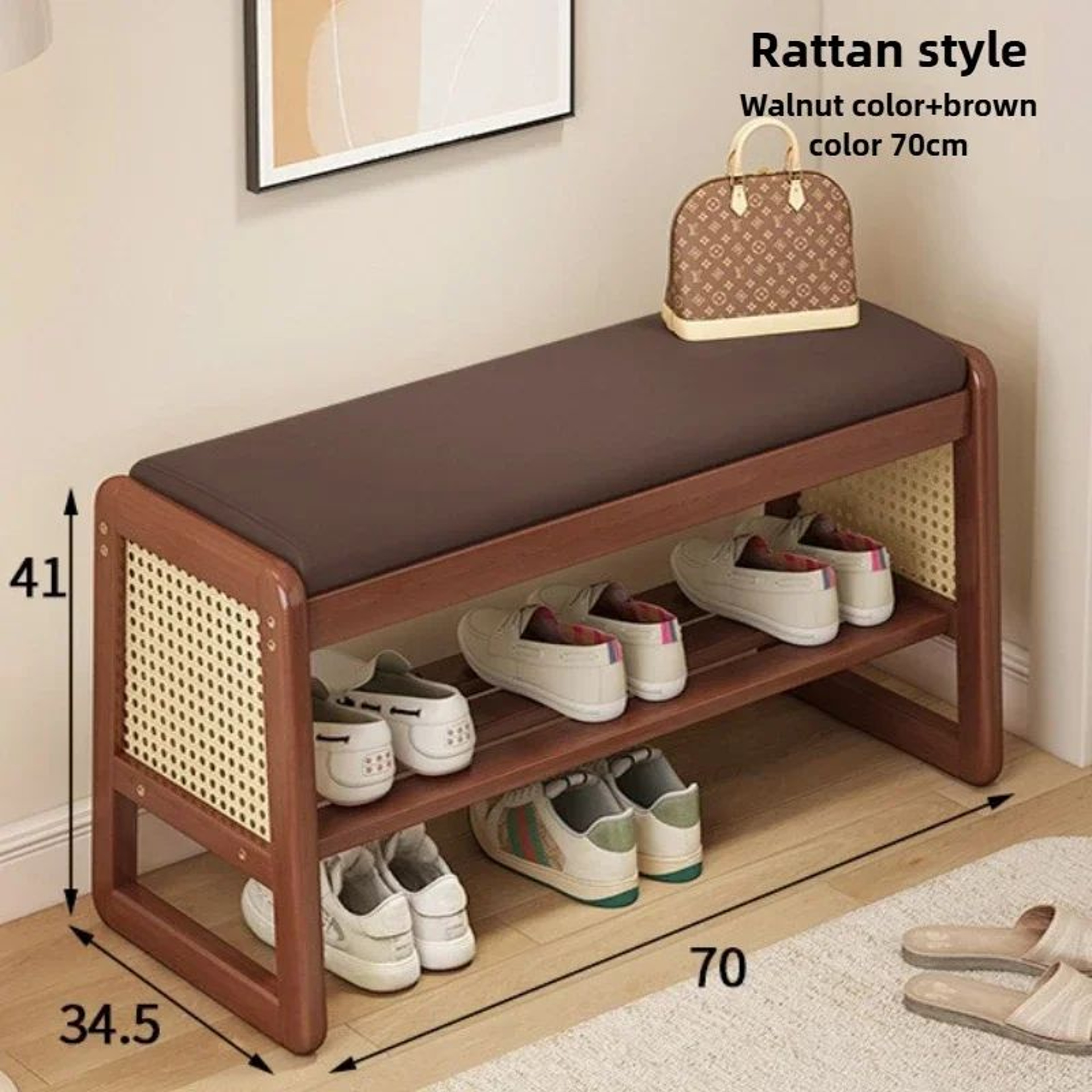 Teng Solid Wood Woven Shoe Bench  MultiLayer Entryway Shoe Changing Stool With Storage 25