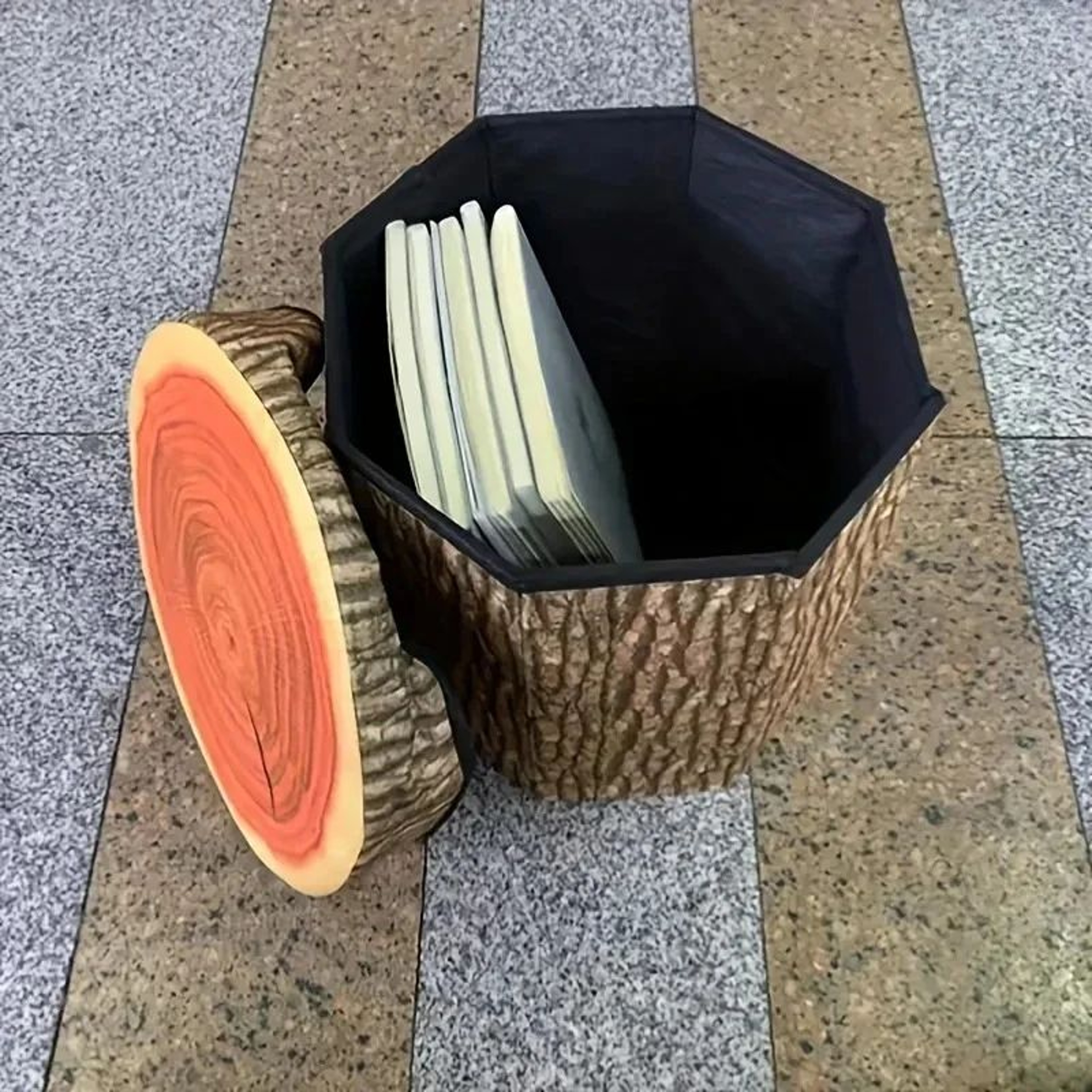 Rustic Tree Stump Folding Storage Ottoman  Collapsible Footrest Seat With Hidden Storage 2
