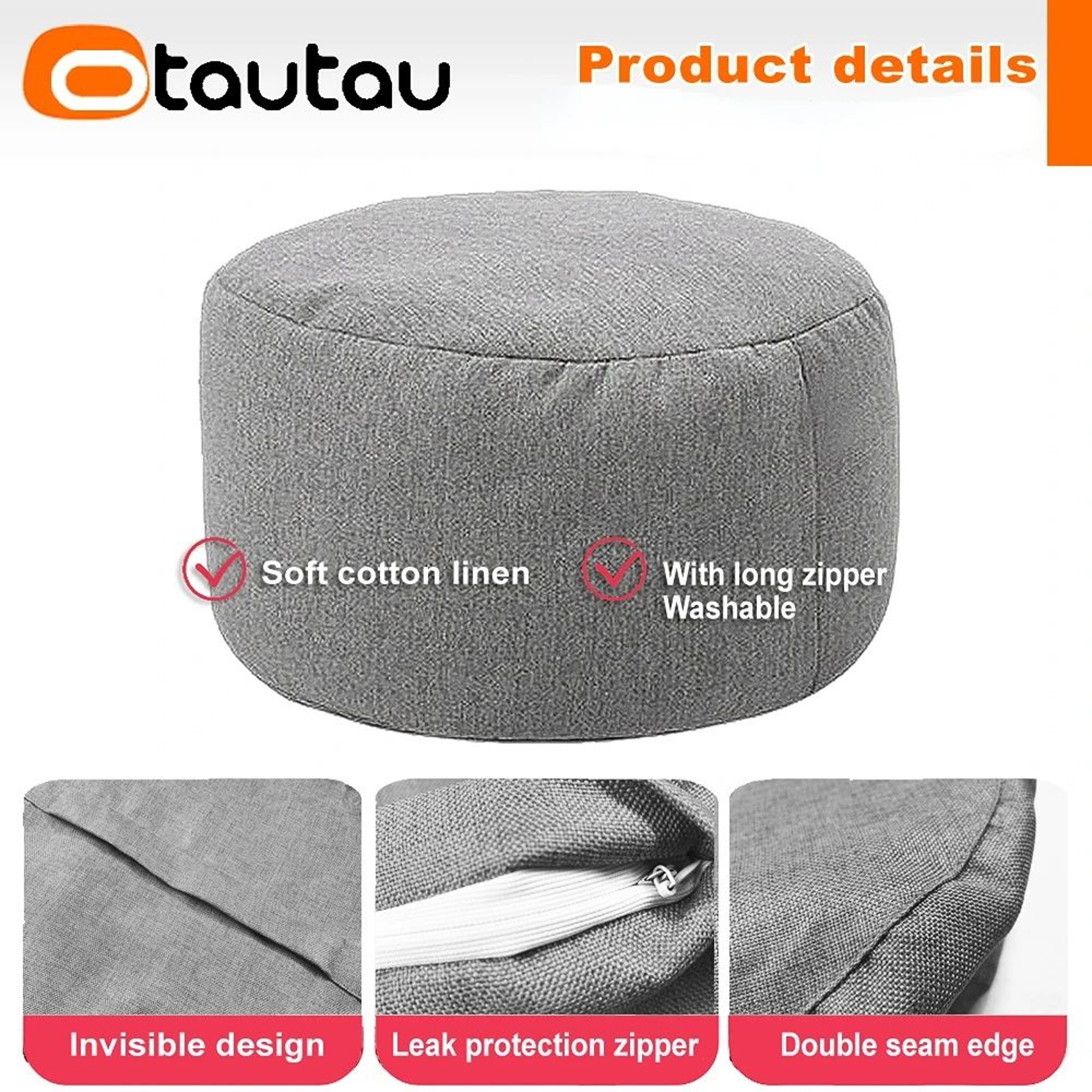 Round Linen Bean Bag Ottoman  Filled Pouf Footstool For Living Room  Tatami Seating 3