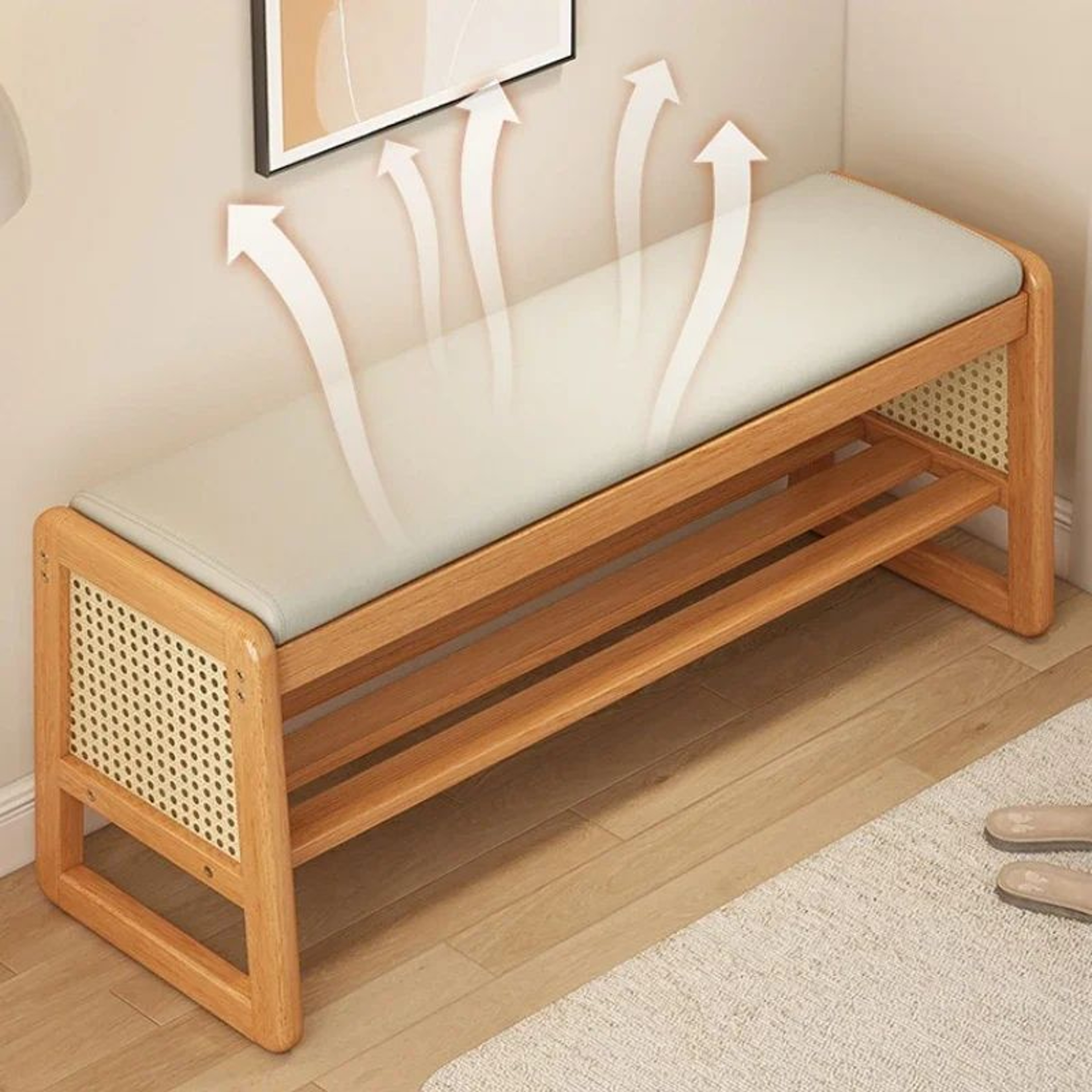 Rattan Woven Shoe Bench With Solid Wood Frame  Entryway MultiLayer Storage Stool 5