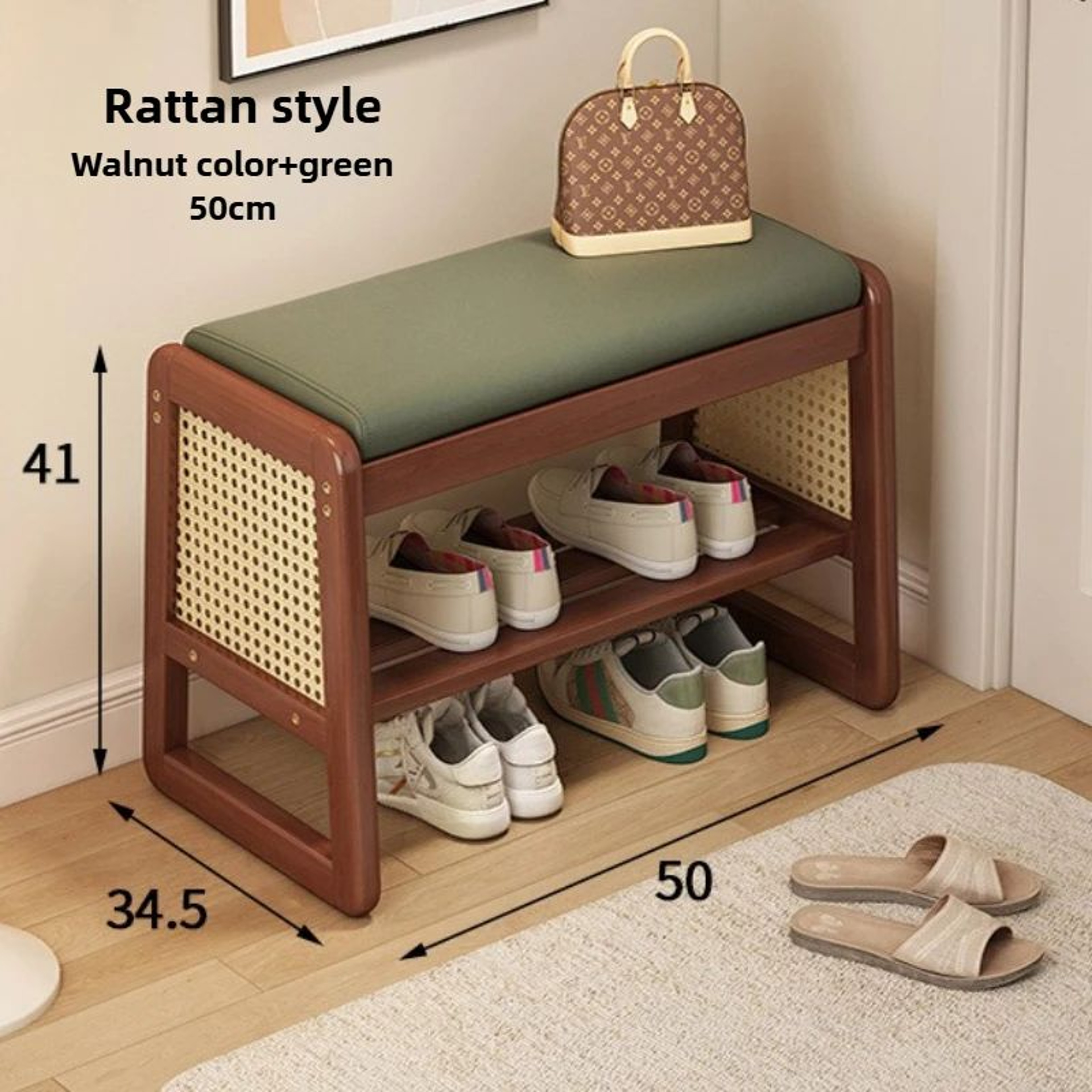 Rattan Woven Shoe Bench With Solid Wood Frame  Entryway MultiLayer Storage Stool 10