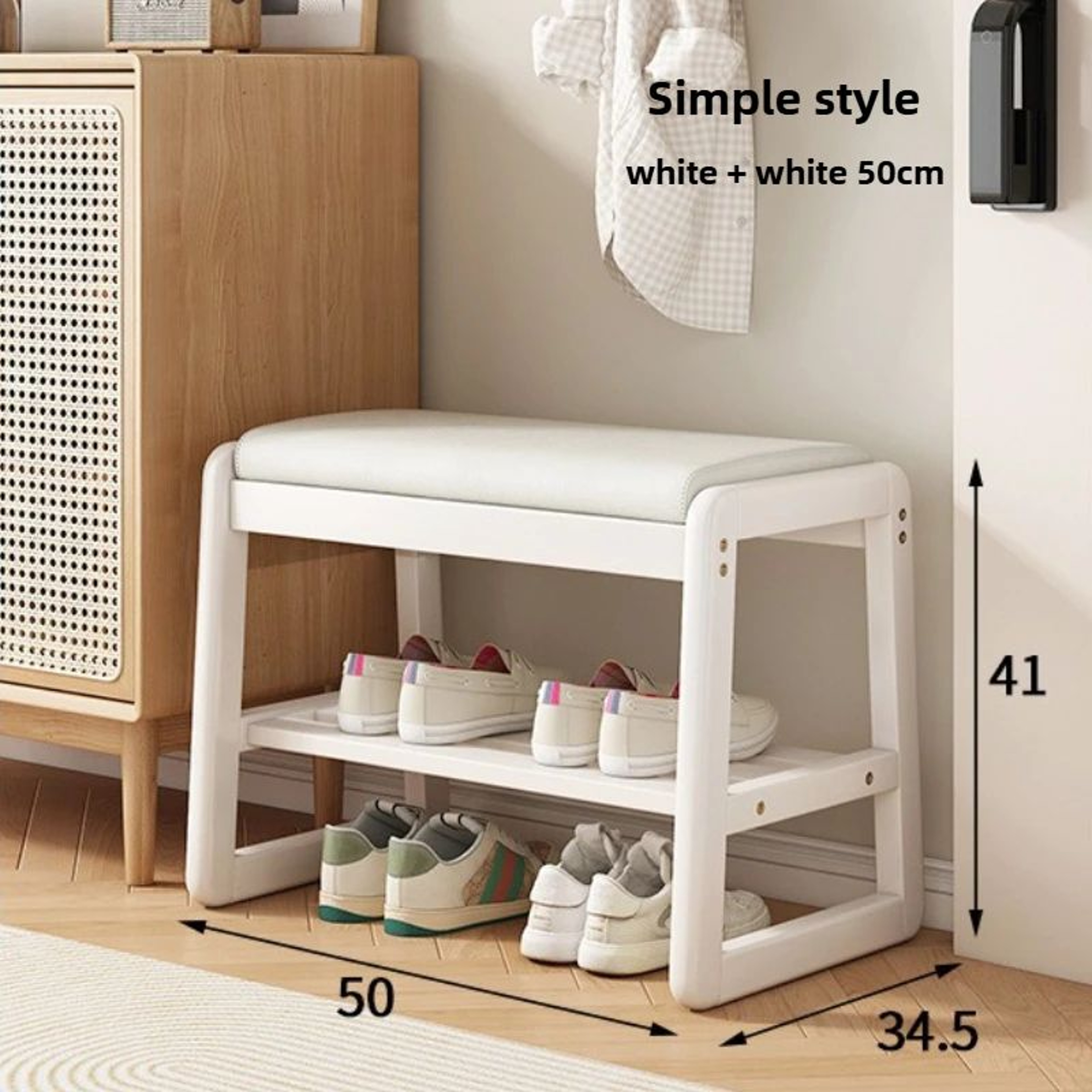 Rattan Woven Shoe Bench With Solid Wood Frame  Entryway MultiLayer Storage Stool 18