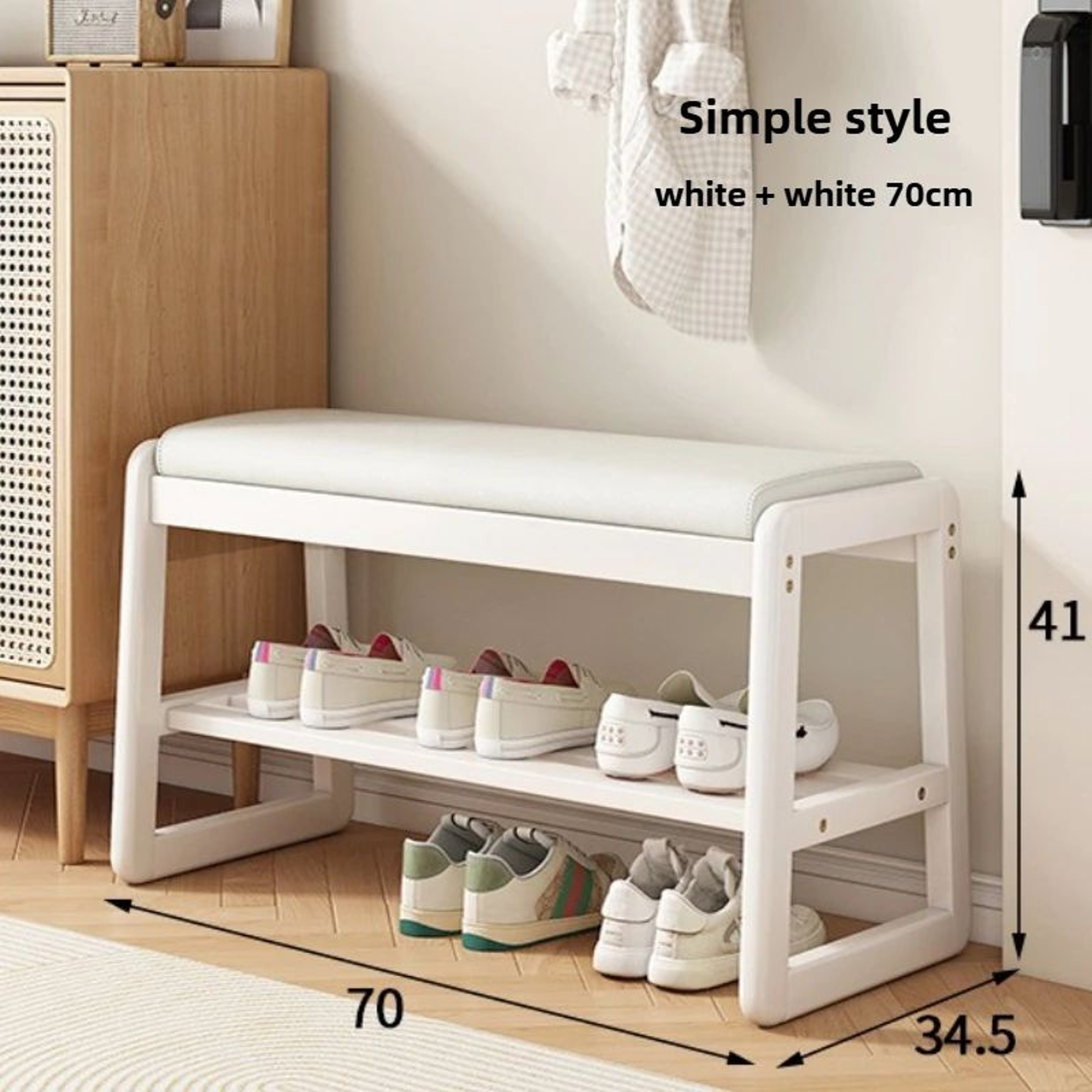 Rattan Woven Shoe Bench With Solid Wood Frame  Entryway MultiLayer Storage Stool 19