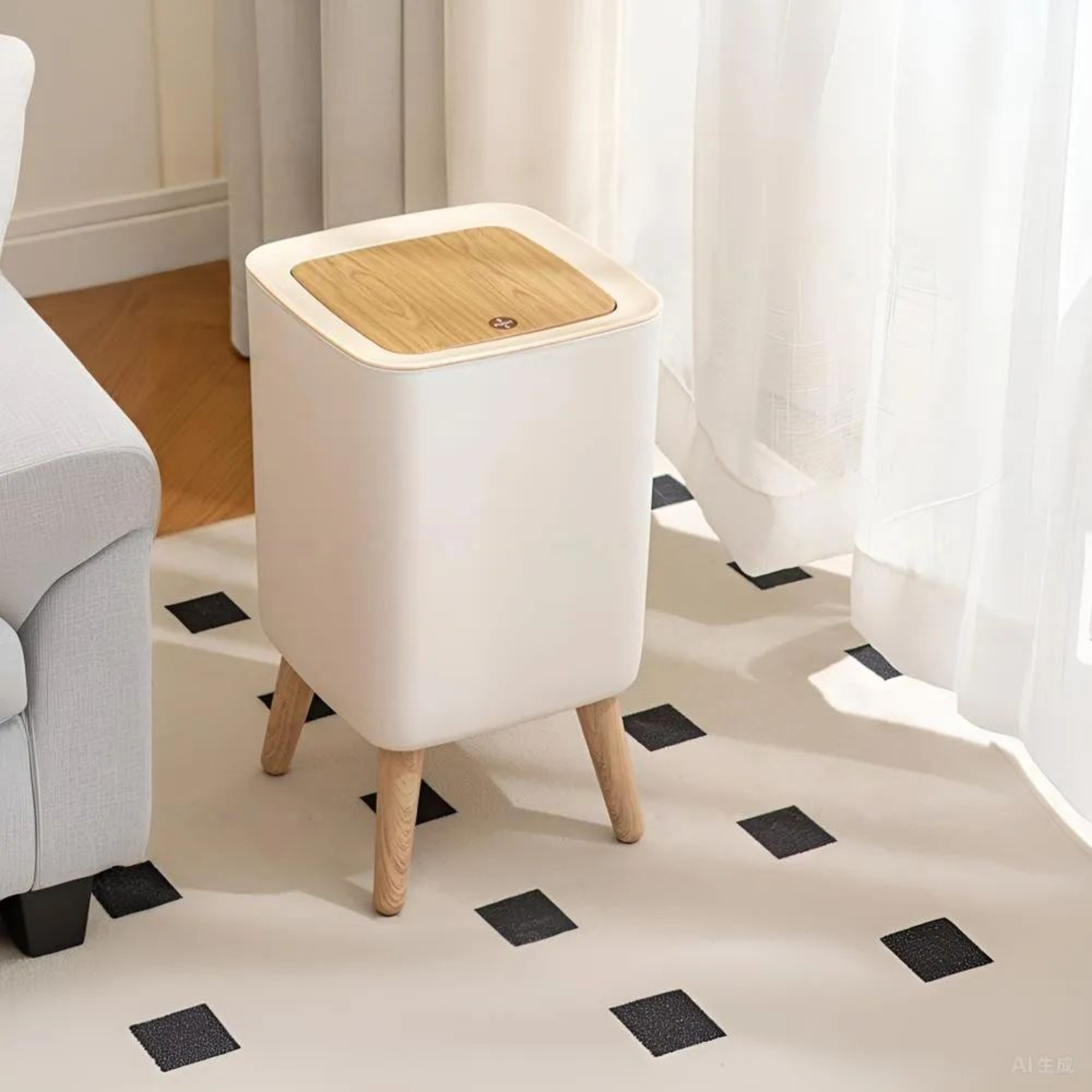Nordic Clamshell Trash Can With WoodGrain Lid  PressTop OdorControl Garbage Bin 0
