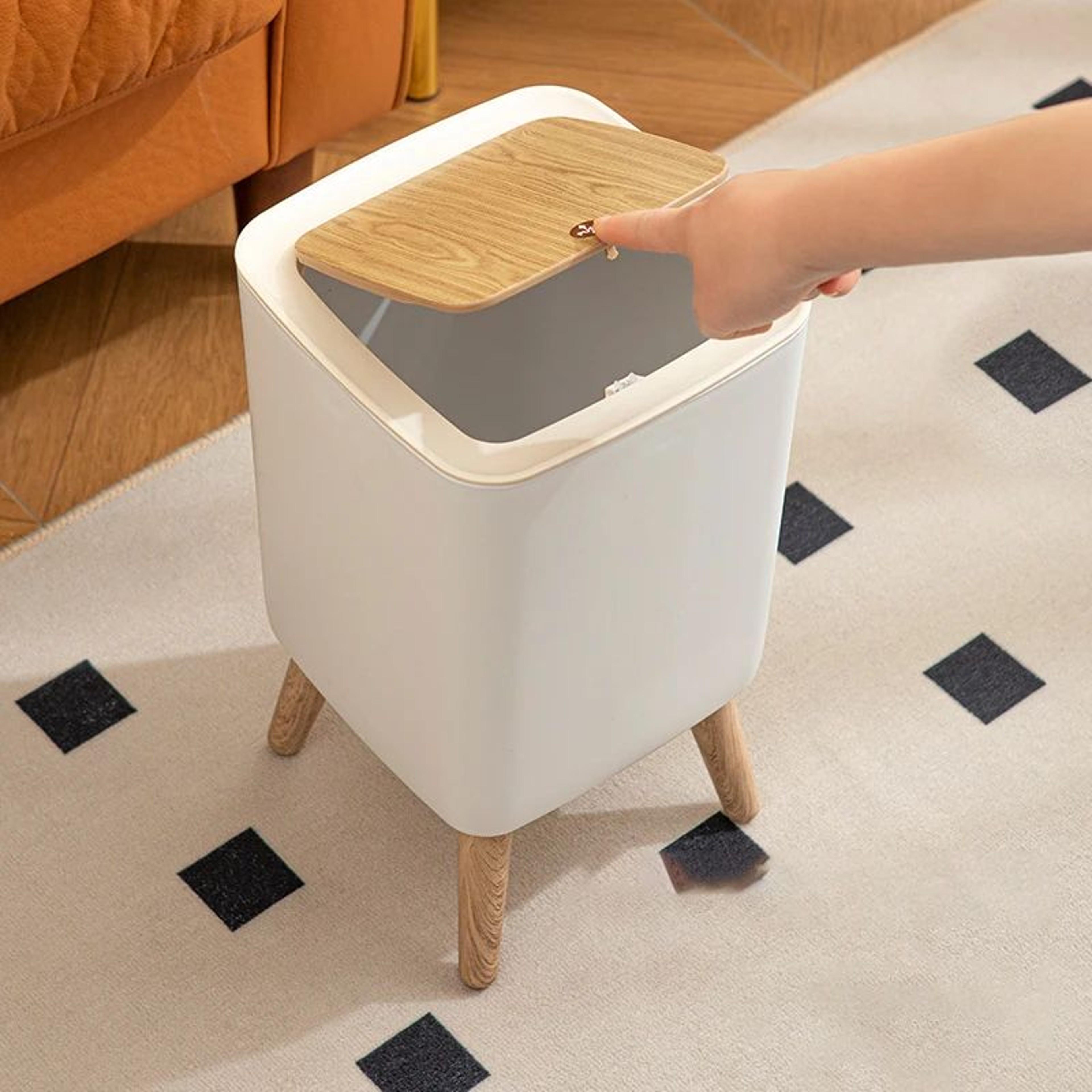Nordic Clamshell Trash Can With WoodGrain Lid  PressTop OdorControl Garbage Bin 3