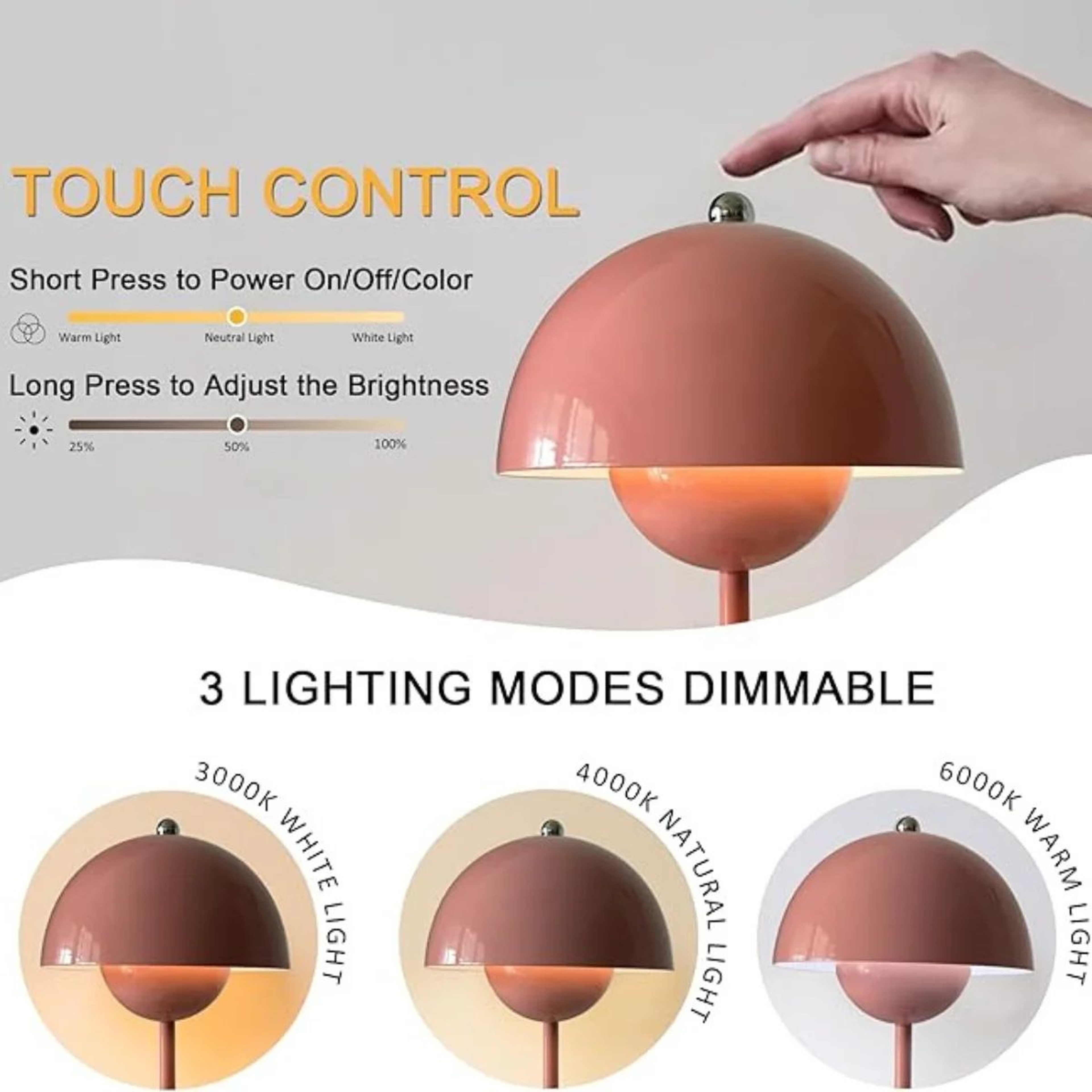 USB Rechargeable LED Flower Bud Touch Lamp  3Color Dimmable Bedside Table Light 3