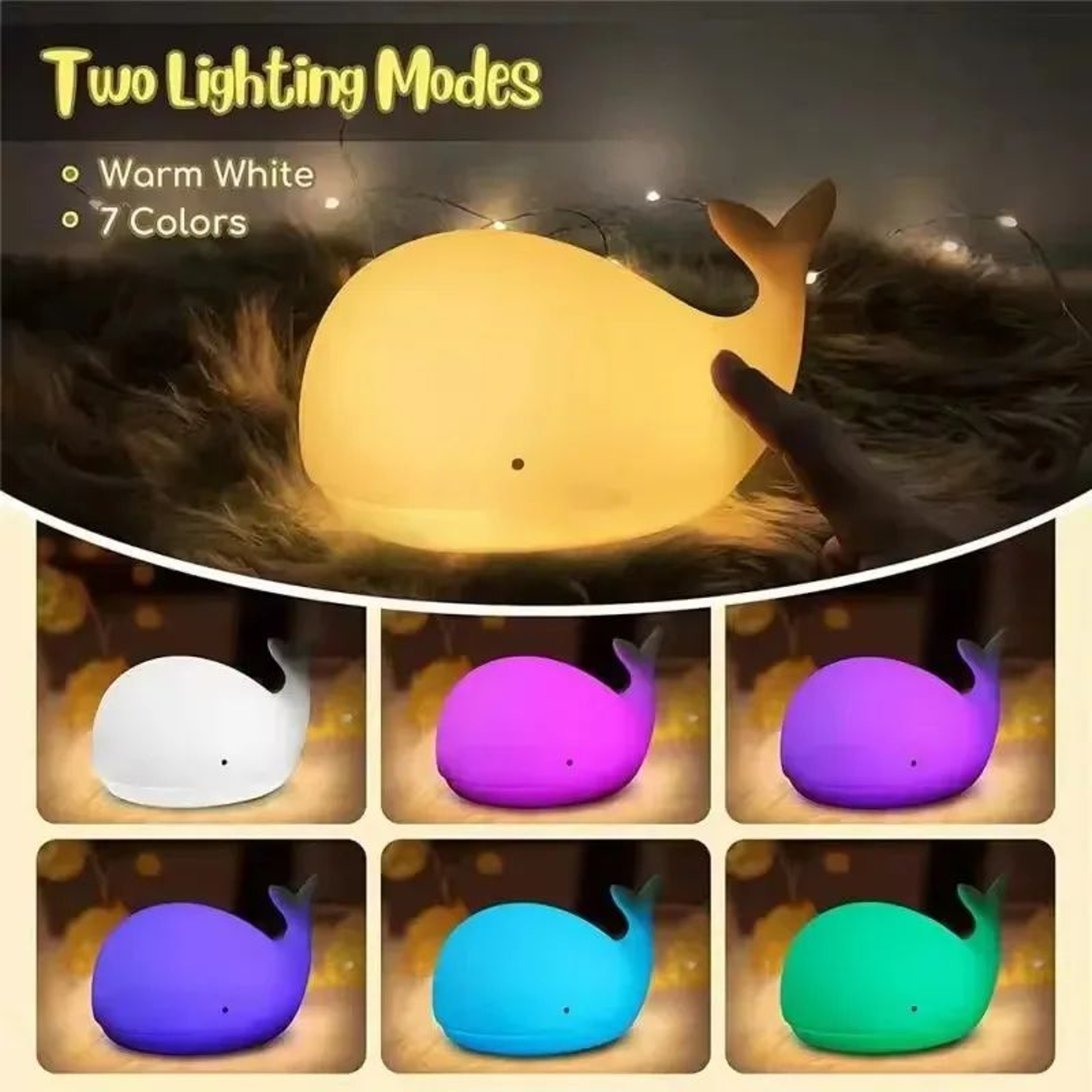 Cute Whale Silicone LED Night Light  7 Color Changing Rechargeable Kids Bedside Lamp 1