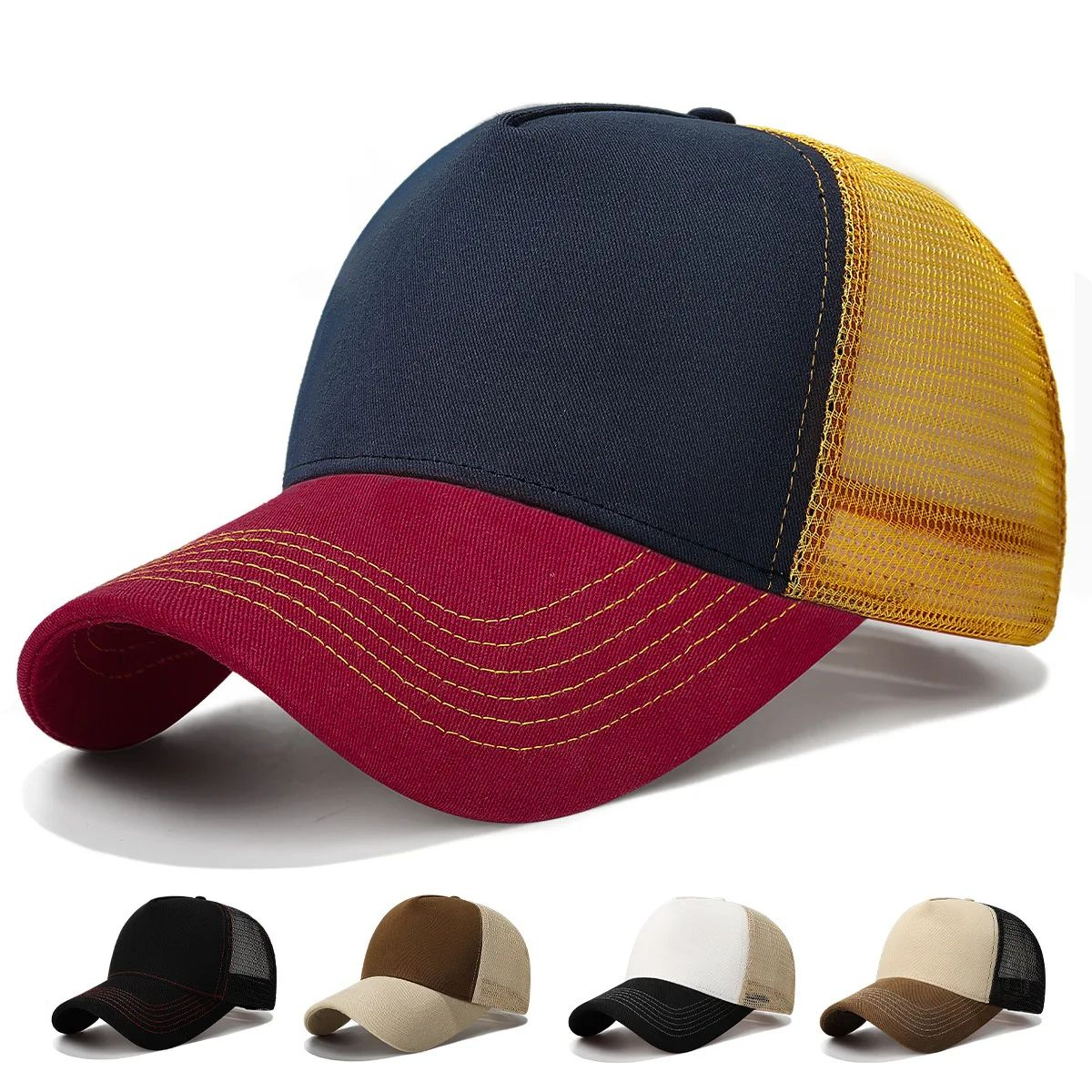ColorBlock Mesh Trucker Baseball Cap  Breathable FivePanel Adjustable Snapback Hat 0