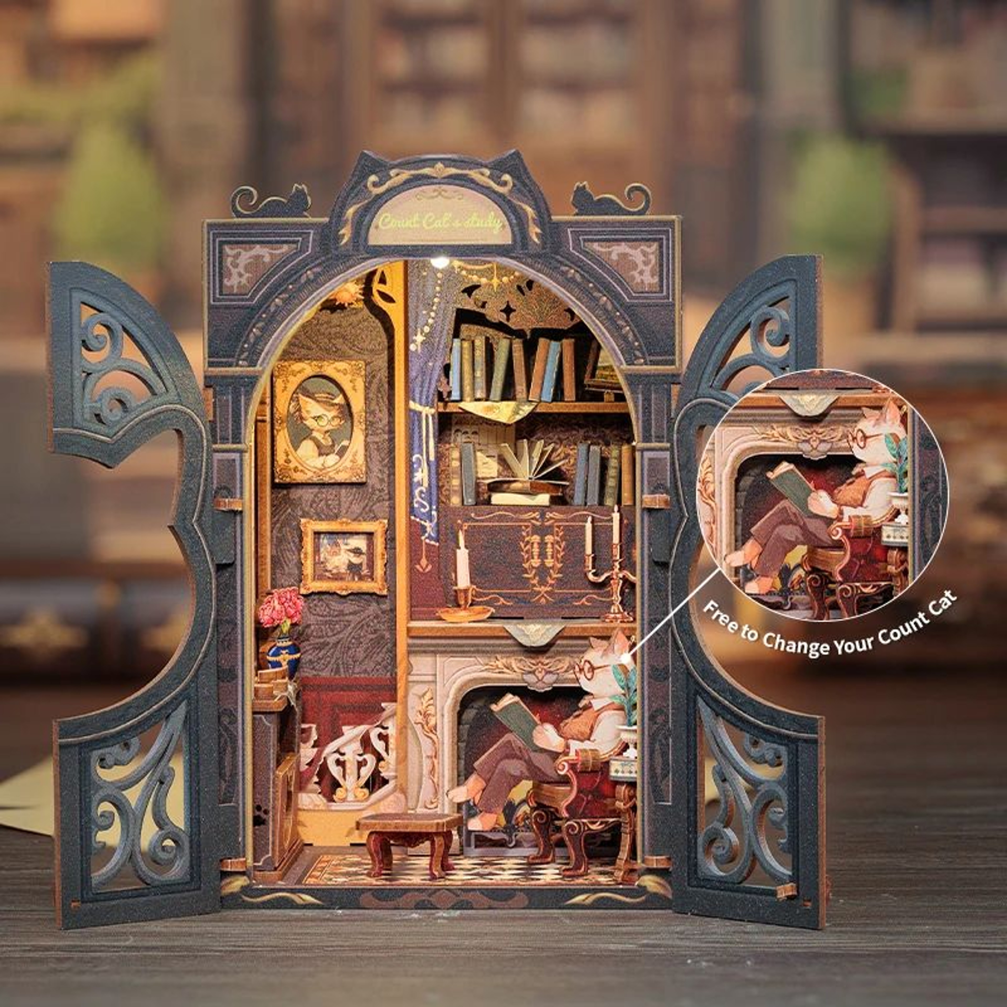 CUTEBEE Count Cats Study DIY Book Nook Kit  Wooden 3D Puzzle Bookshelf Insert With Lights 1