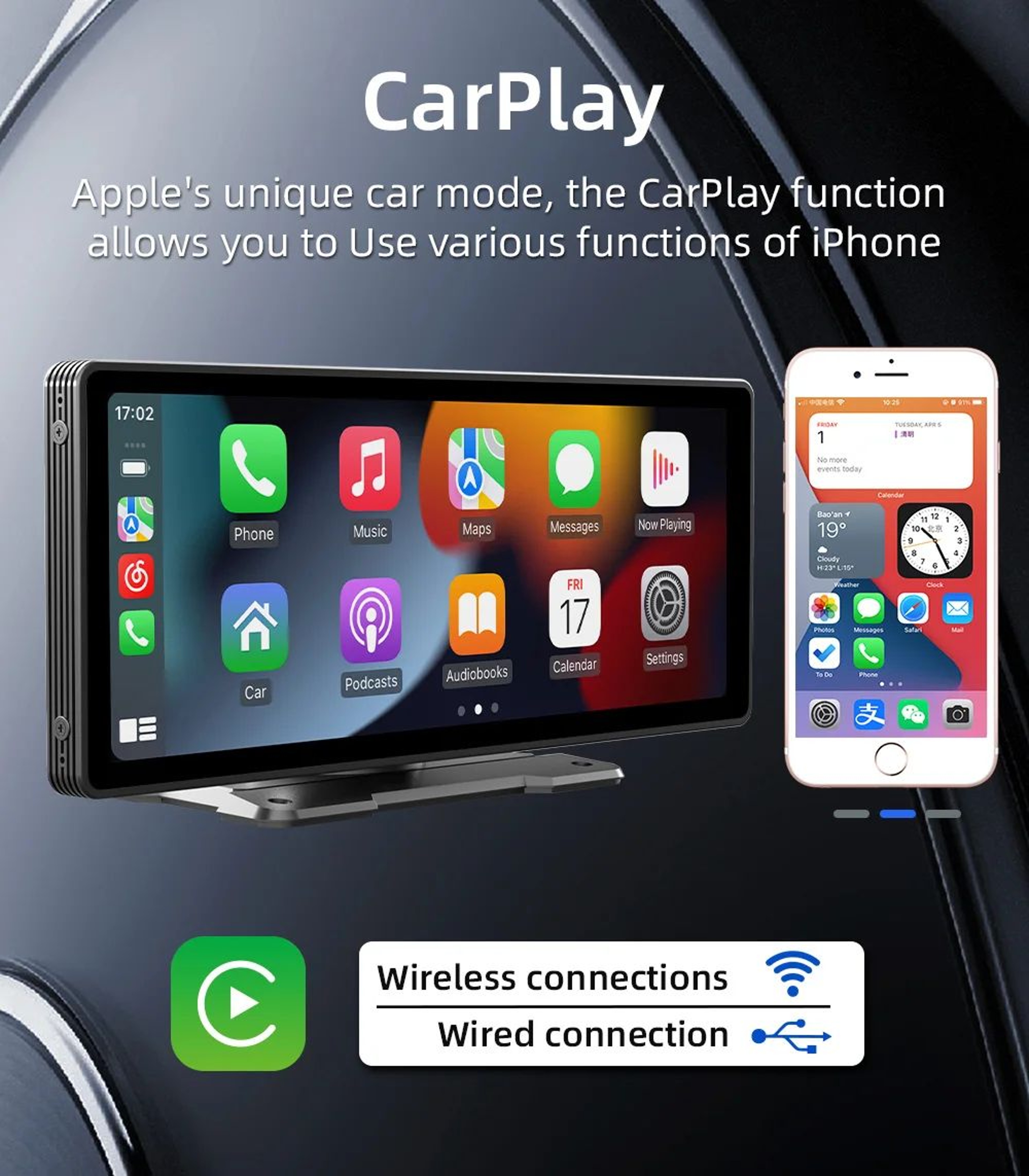 BQCC 1026in Portable Wireless CarPlay  Android Auto Screen  HD Touchscreen Car Stereo With Backup C 1