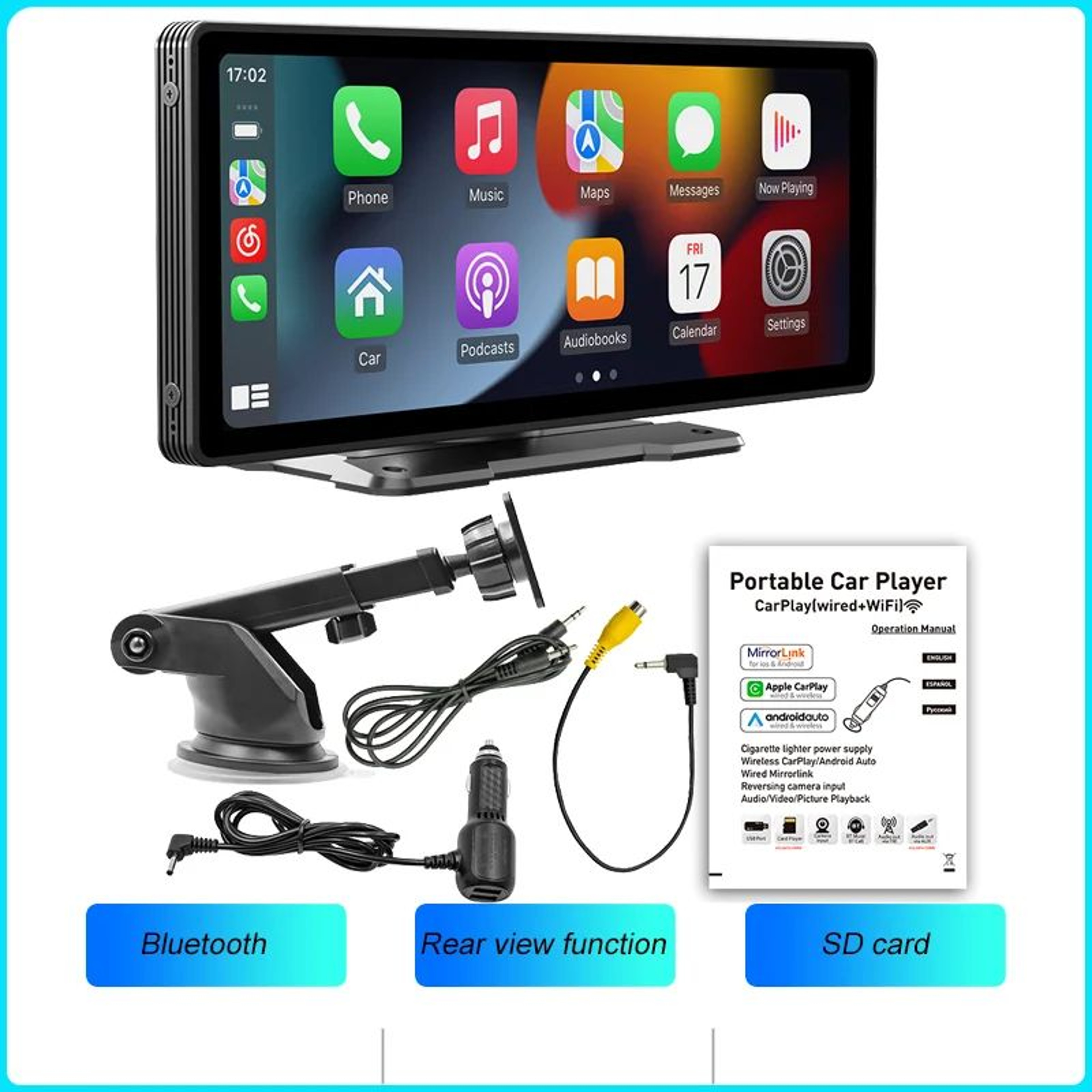 BQCC 1026in Portable Wireless CarPlay  Android Auto Screen  HD Touchscreen Car Stereo With Backup C 6